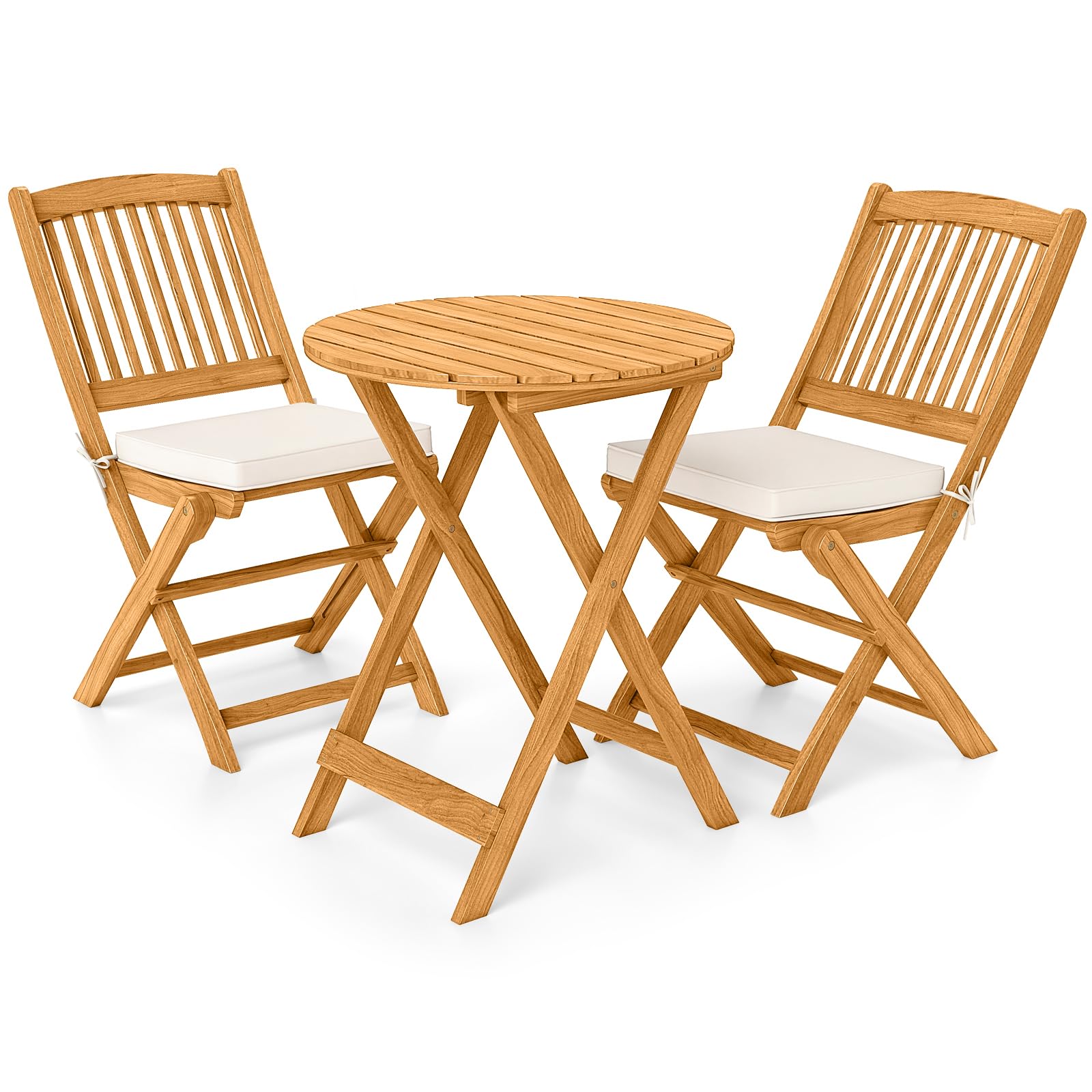 3-Piece Folding Acacia Wood Patio Bistro Set with Cushioned Chairs