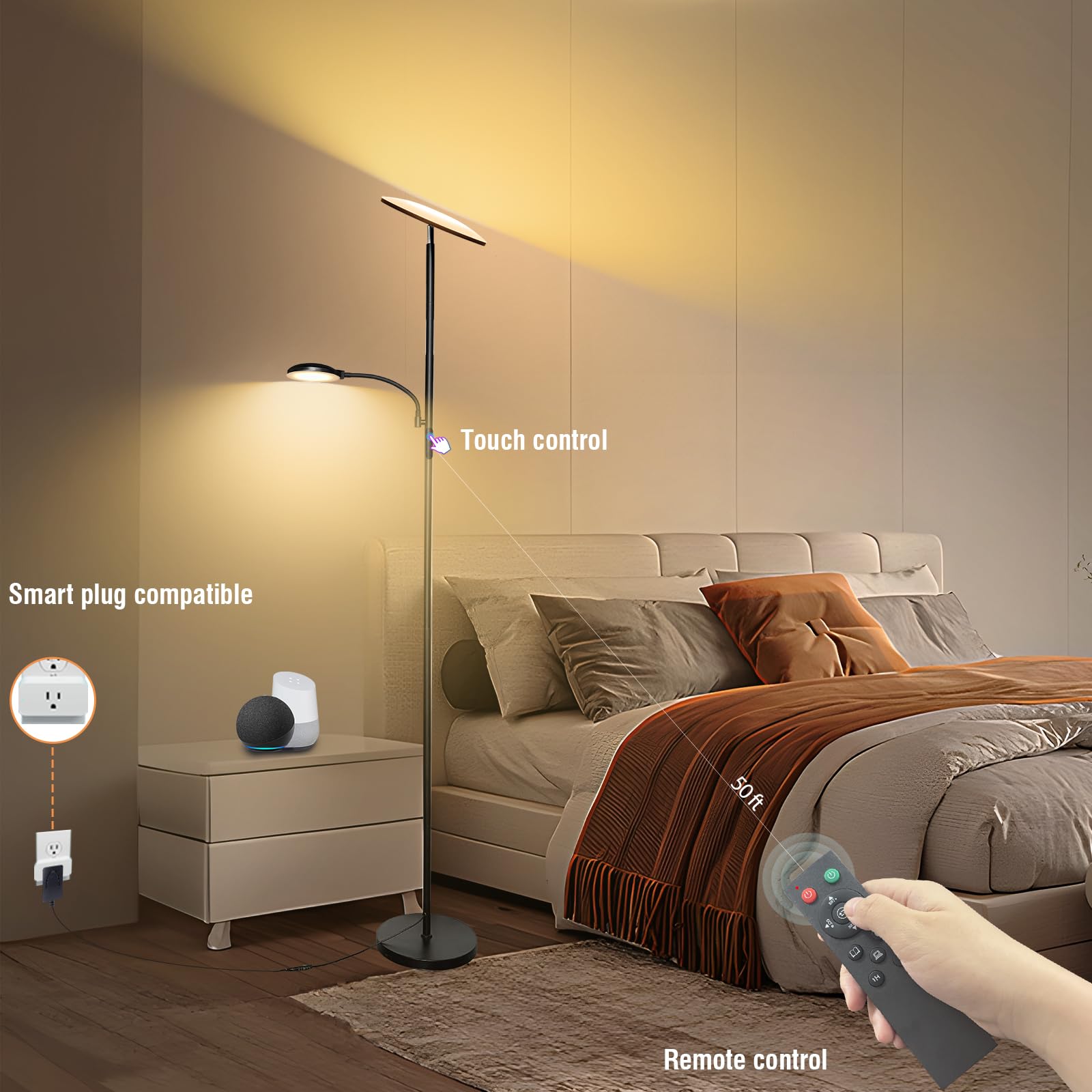 marctronic Floor Lamps for Living Room, 44W/4500LM Super Bright 2 in 1 LED Floor Lamp with Remote, Stepless Dimmable, 69" Tall Standing Floor Lamp with Bendable Reading Light for Bedroom Office