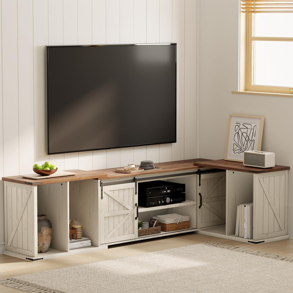 ALLSTAND Extendable TV Stand, Entertainment Center for 85 95 105 Inch TV, Farmhouse TV Stand with Large Capacity Storage and Sliding Doors, Media Console for Living Room, Length 86"-113", White