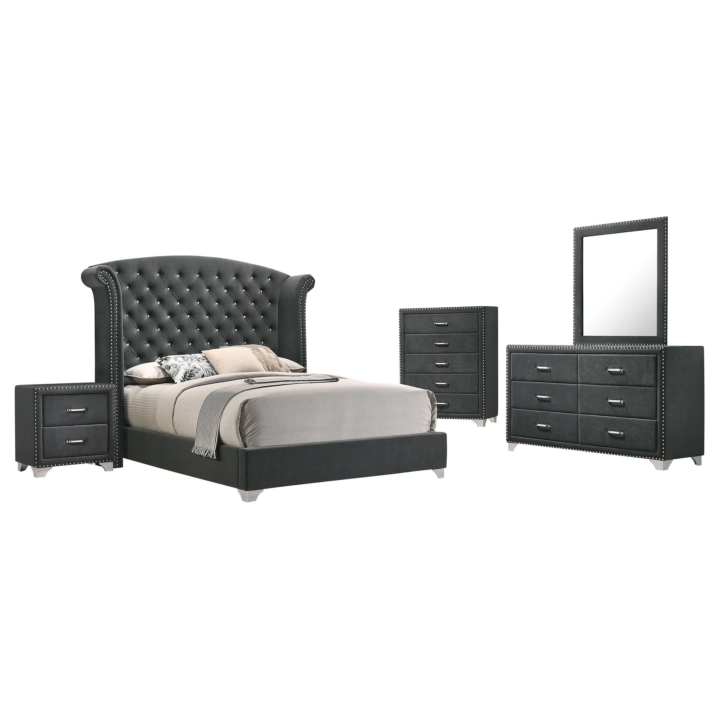 Coaster Home Furnishings Melody Modern Classic 5-Piece Bedroom Set Velvet Upholstered Queen Size Wingback Bed Frame 66-inch Headboard Grey 223381Q-S5