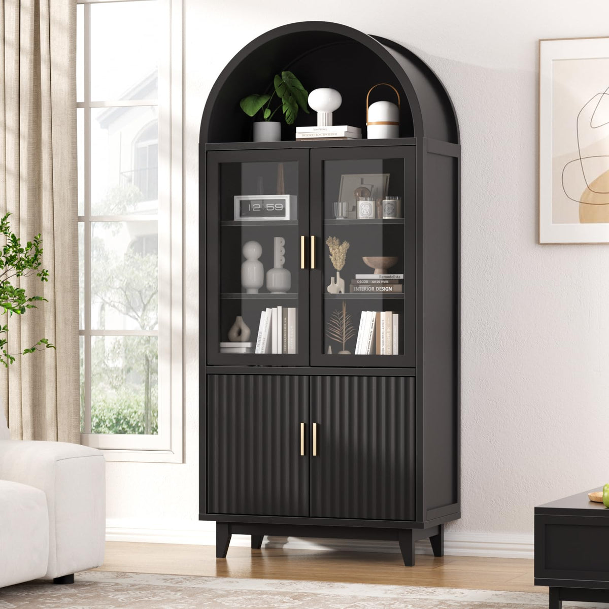 FiveWillowise Kitchen Pantry Cabinet with Glass Doors, Arched Design, Black