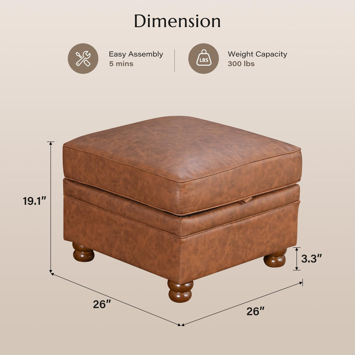 Landassy Home 26" Square Ottoman with Storage, Faux Leather, Caramel