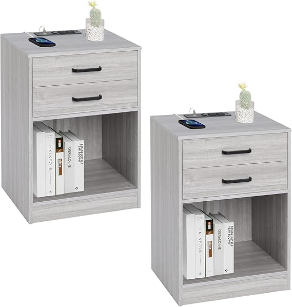 Nightstand Set of 2 with Charging Station & Drawers