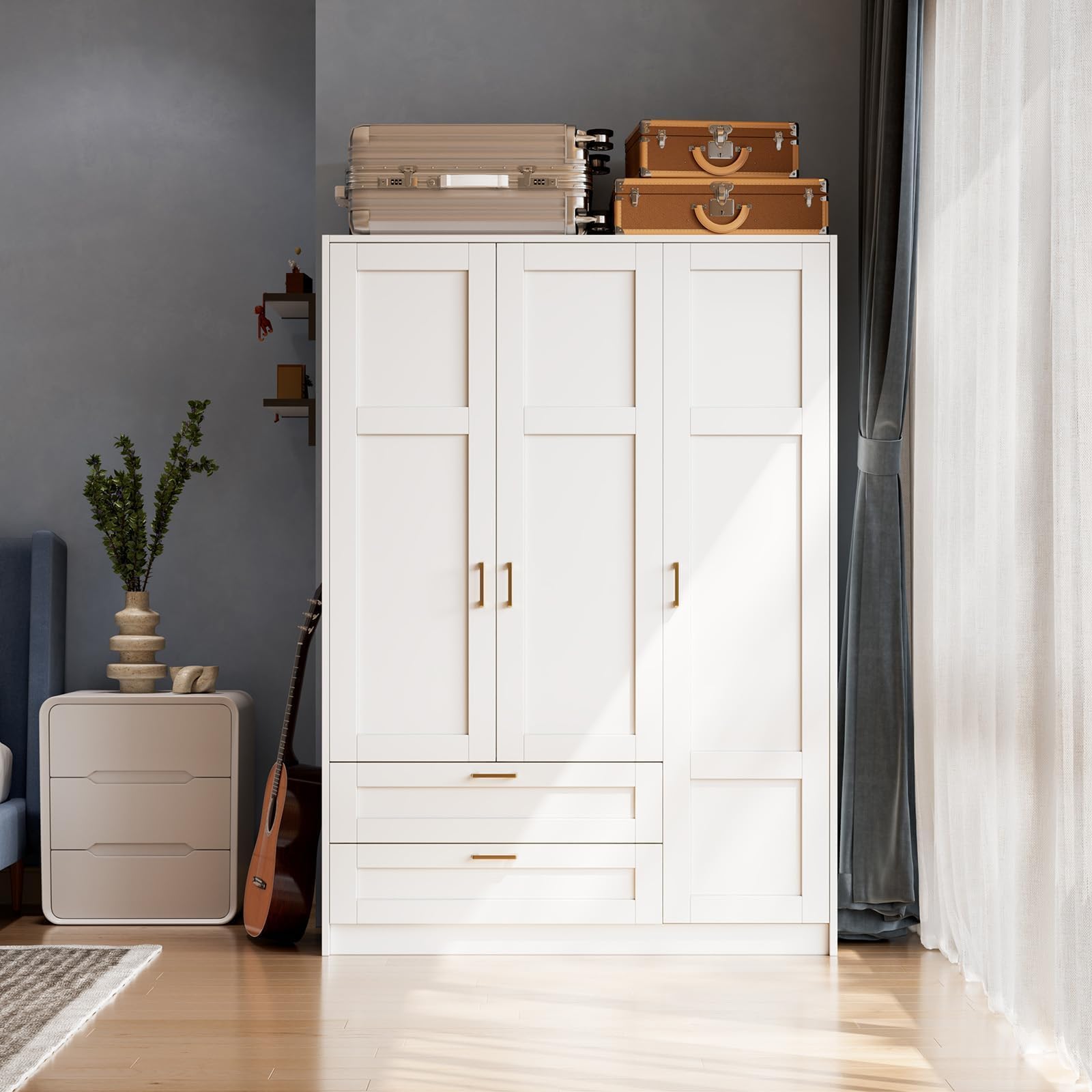 PeakPursuit Wooden Wardr.obe Closet Arm.oire, Freestanding Ward.Robe with 3 Doors, 2 Drawers for Hanging Clothes, Bedroom Large Capacity Freestanding Arm.oire