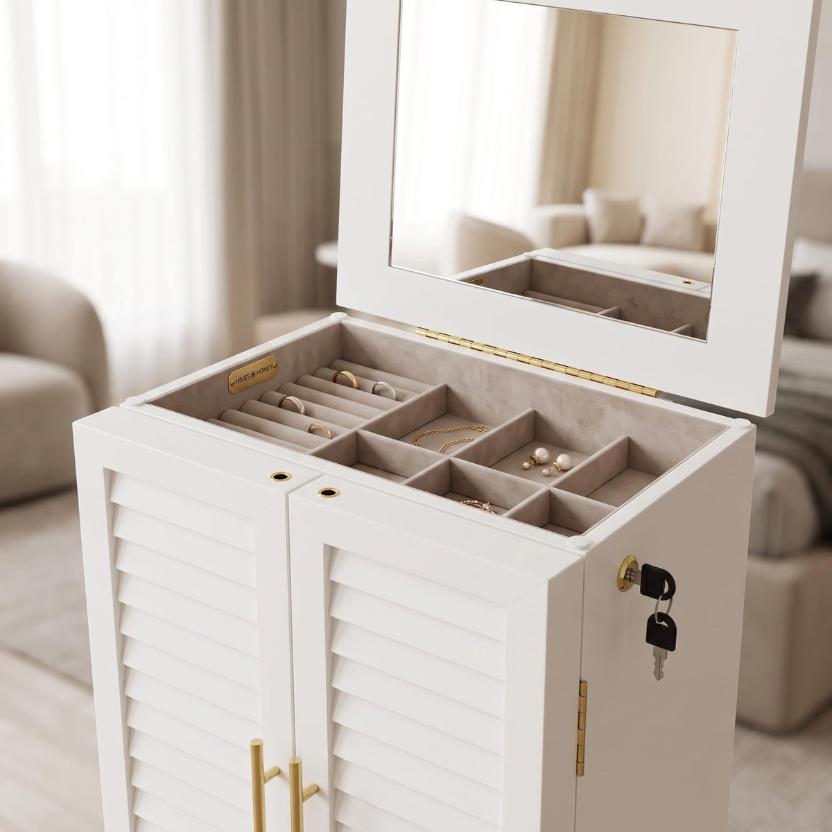 Hives and Honey Porsha Jewelry Armoire – Fully Locking with Mirror, 7 Drawers, Necklace Hooks & Ring Storage – Solid Wood Veneer, Anti-Tarnish Lining – White