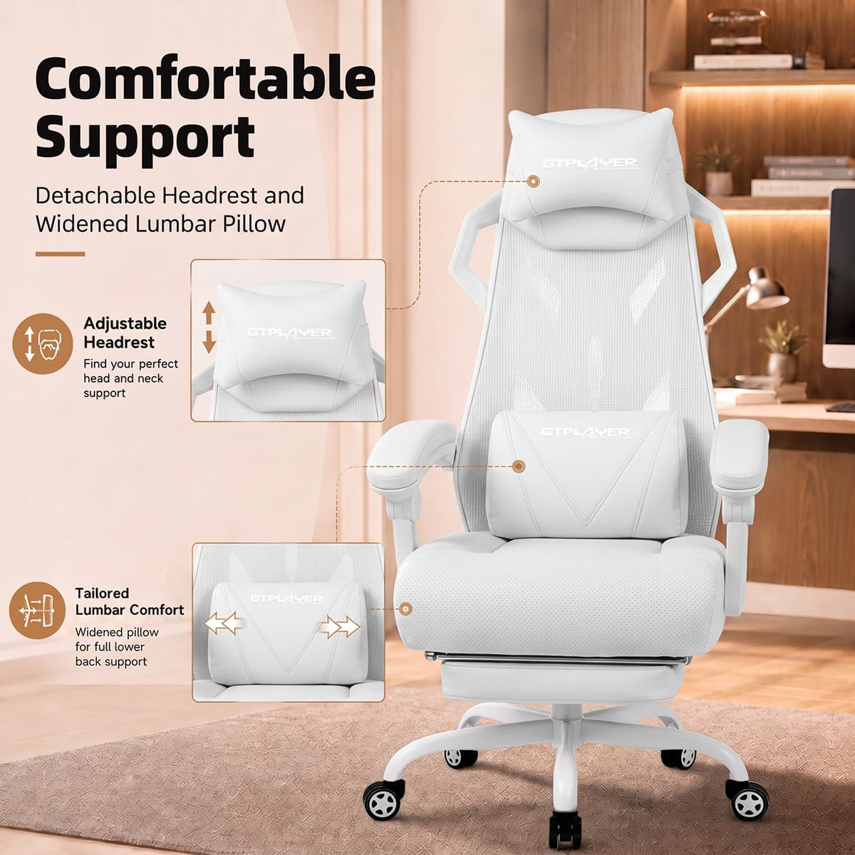 White Mesh Gaming Chair with Footrest