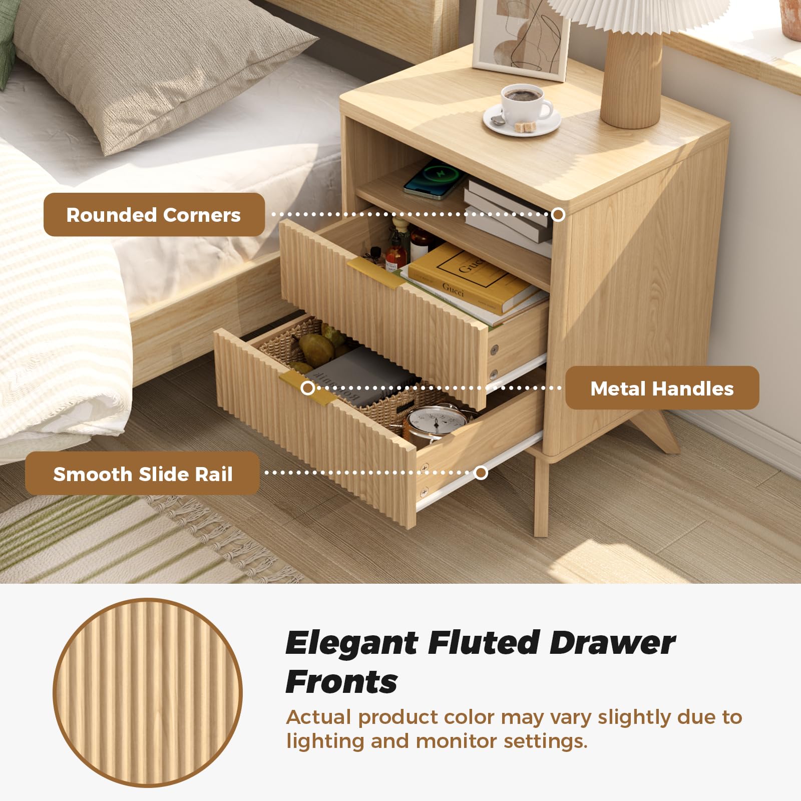 Fluted Nightstand Set of 2 with Drawer & Open Shelf