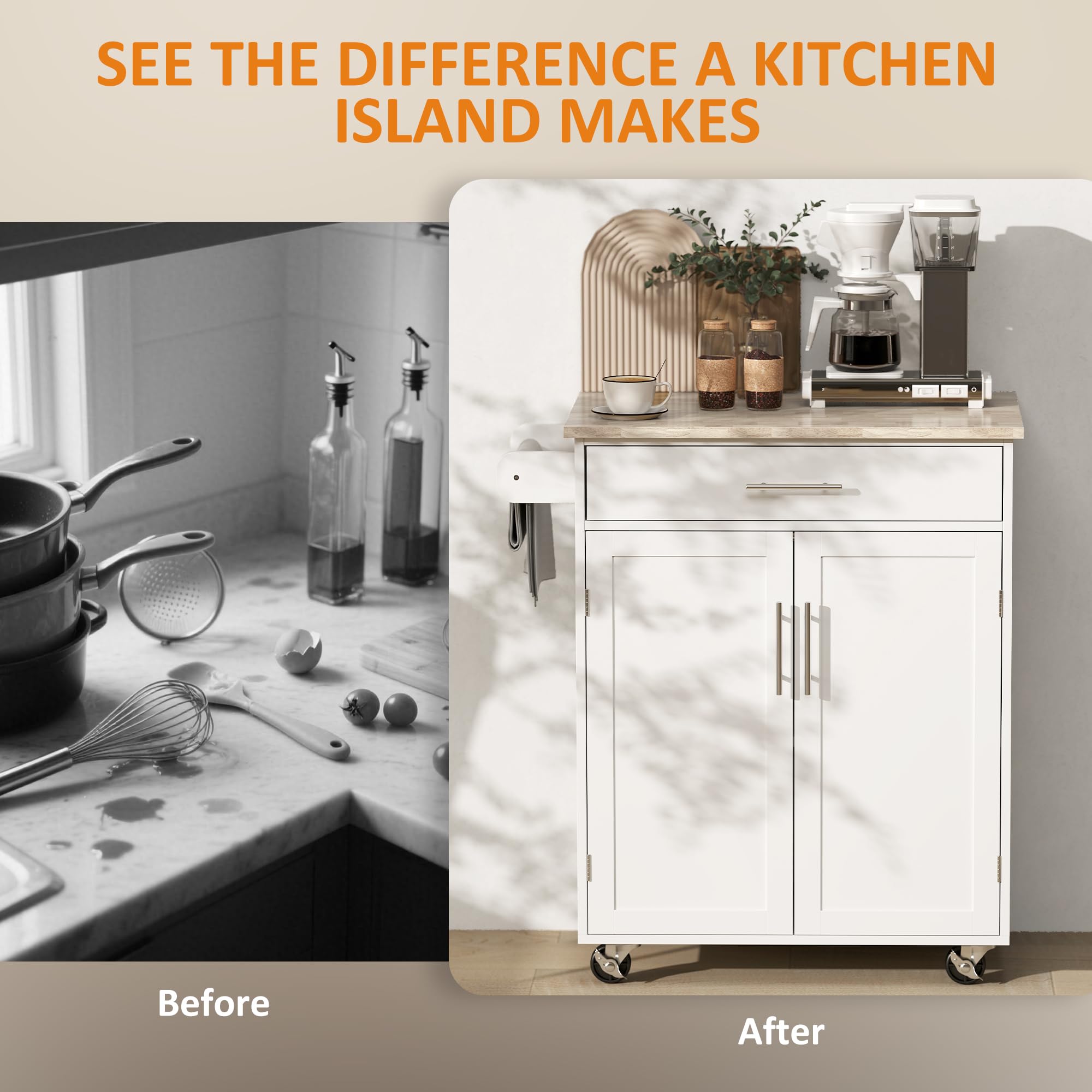 Rolling Kitchen Island Cart with Drawer & Storage Cabinet