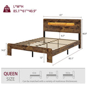 PAUKIN Queen Bed Frame, Queen Size Bed Frame with Storage Headboard, Platform Bed Frame with Charging Station and LED Lights, Sturdy Wooden Slats, No Mattress Required, No Noise，Brown