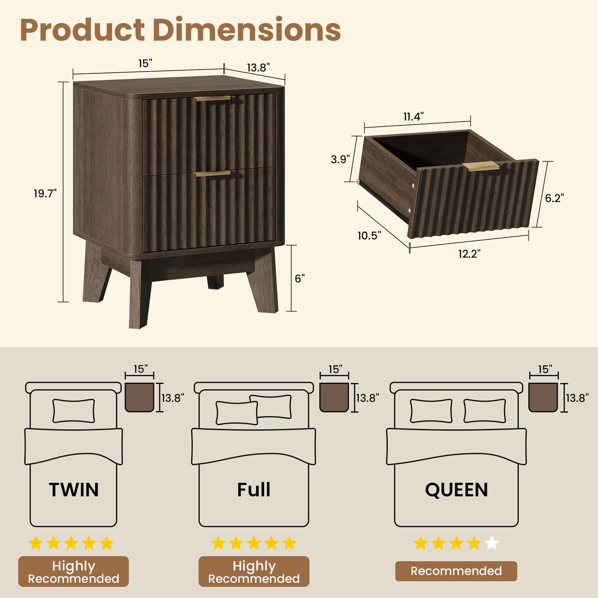TROJM Fluted Nightstand Set of 2 with Curved Edge Design,Walnut