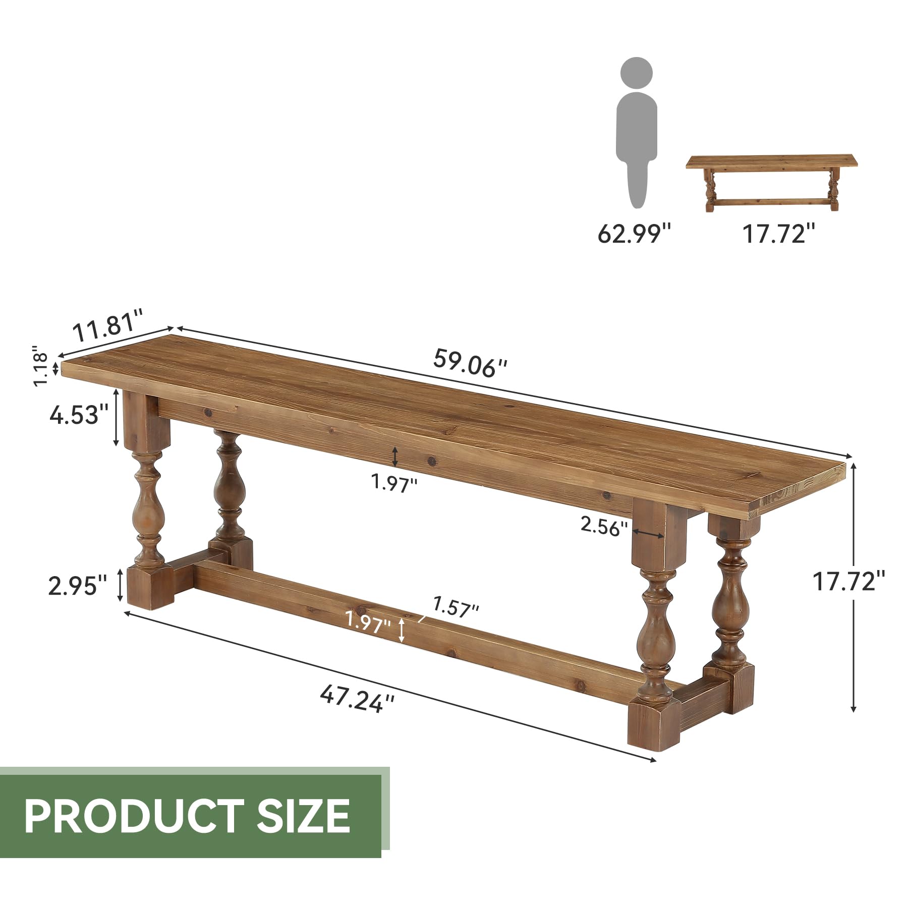TRIBEWOOD Rustic Solid Wood Entryway Bench, 59.1" Long Farmhouse Dining Seat with Turned Legs, End of Bed Bench for Entryway, Dining Room, Bedroom, Holds Up to 300 lb, Easy Assembly, Natural Brown