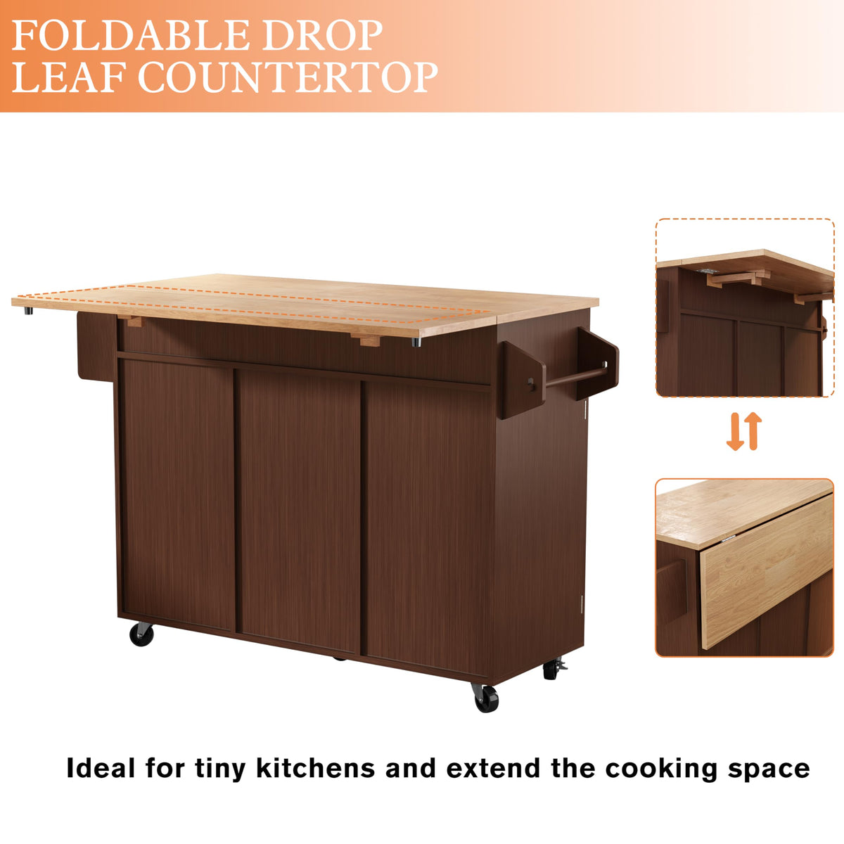 HLR Farmhouse Kitchen Island On Wheels, Brown
