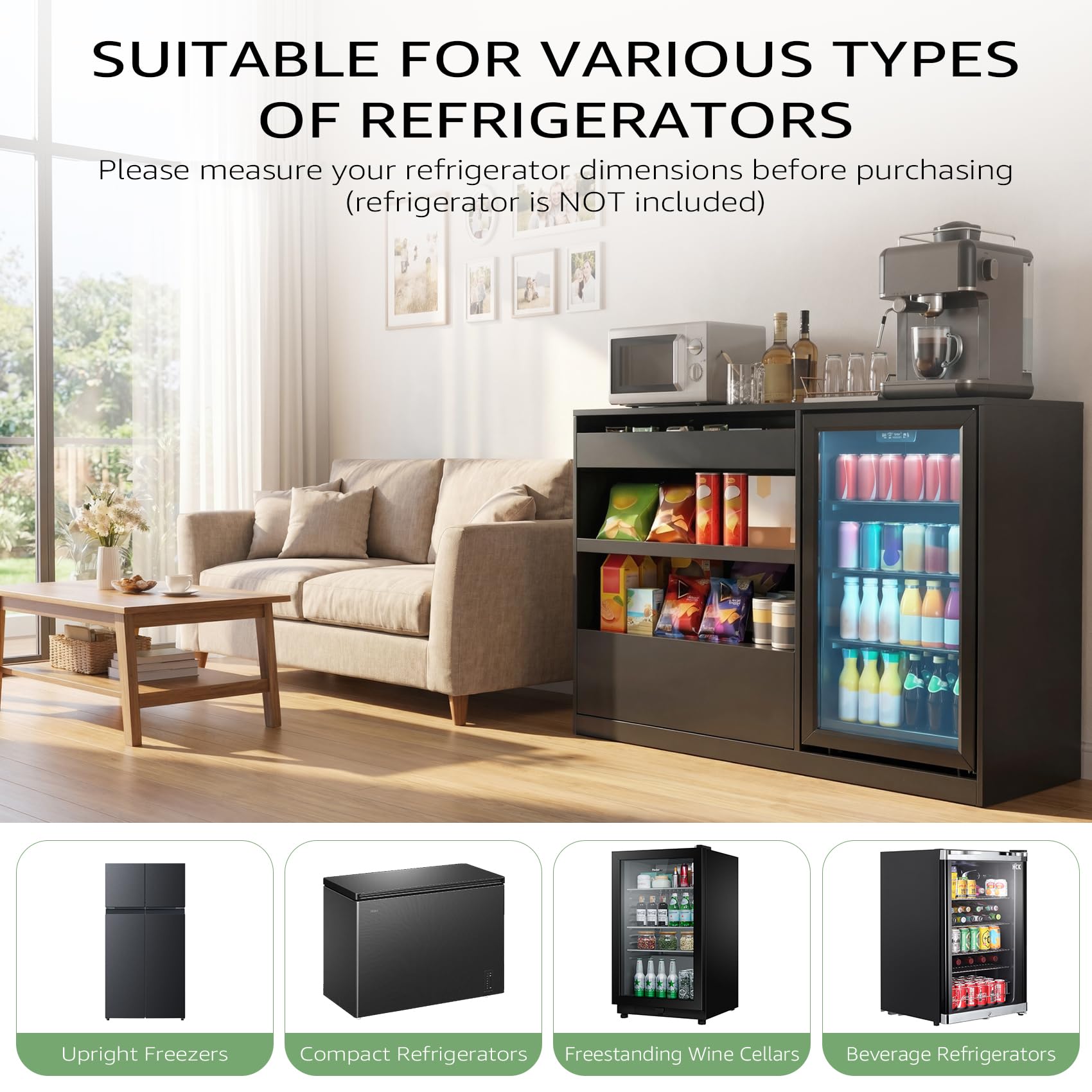 Melidee Snack Bar Cabinet with Fridge Space, Mini Fridge Cabinet with Storage, Coffee Bar Cabinet with Drawer, Power Outlets, Snack Organizer for Home, Movie Room, Game Room, 51.2”L, Black