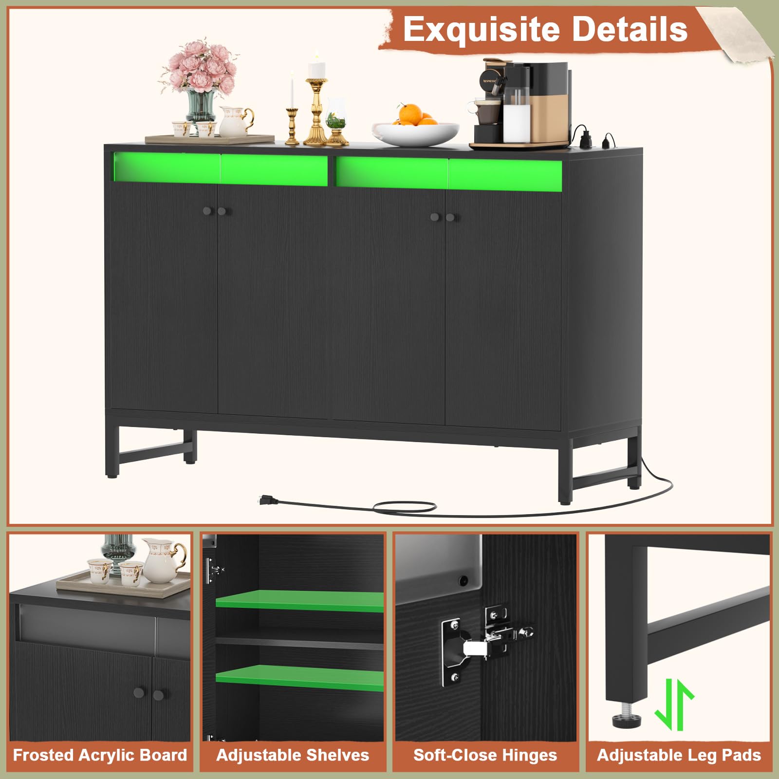 Aheaplus Sideboard Buffet Cabinet with Power Outlet, Kitchen Storage Cabinet with LED Light & Doors, Accent Cabinets Cupboard Buffet Table with Storage for Dining Room, Living Room, Hallway, Black