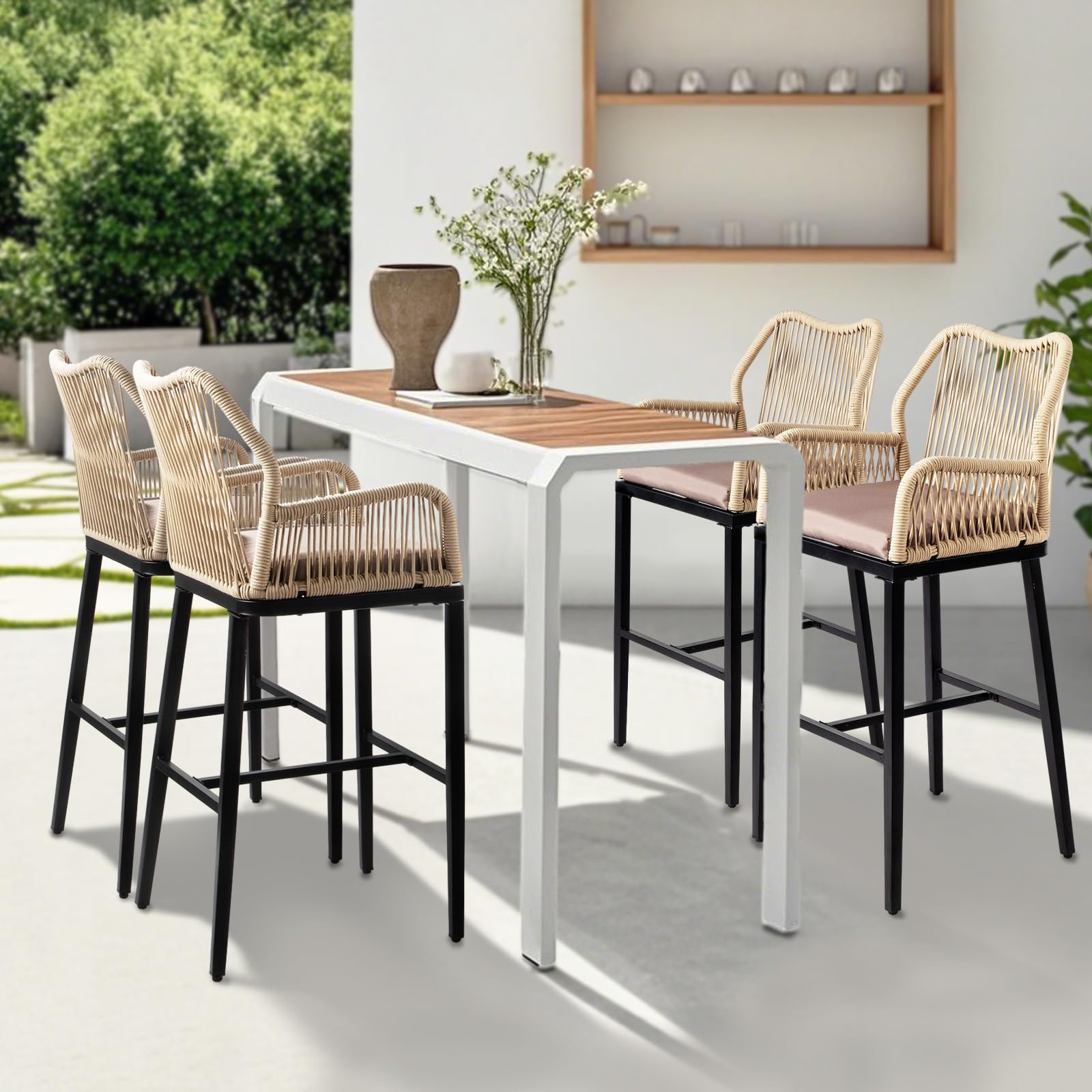 Outdoor Wicker Bar Stools with Cushions (Set of 2)
