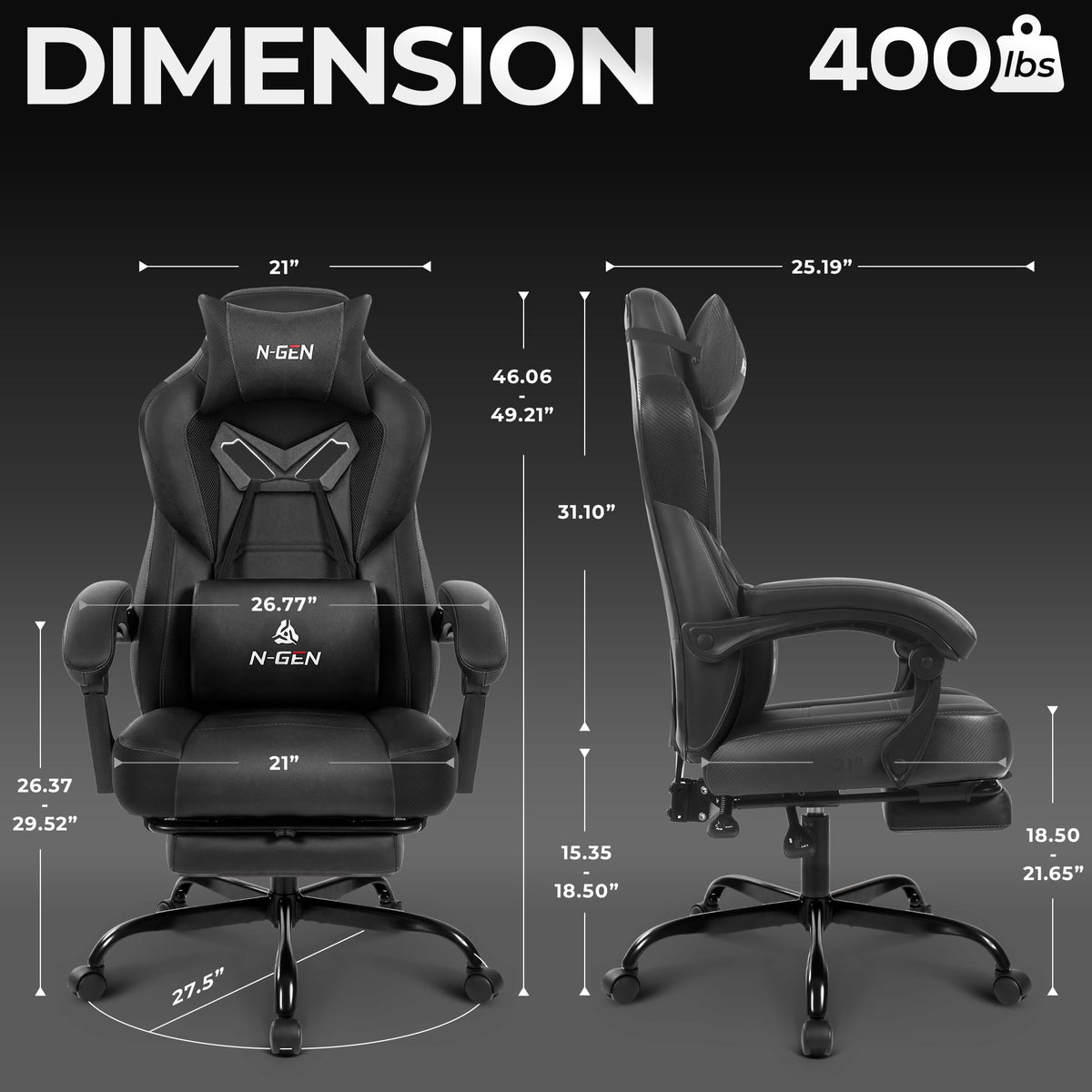 N-GEN GAMING Big & Tall Gaming Chair, Footrest, Lumbar Support, Dark Black