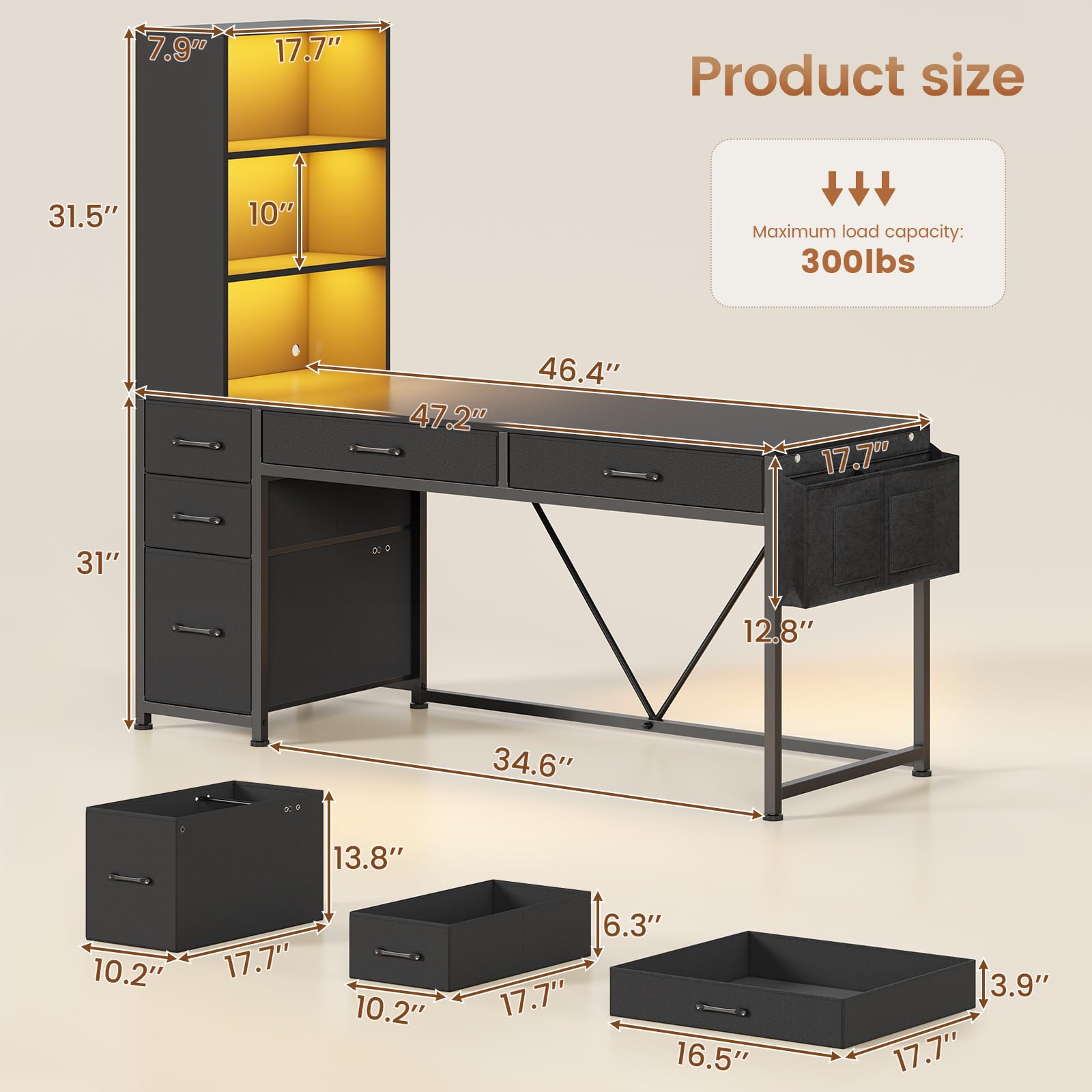 Reversible Gaming & Home Office Desk with Drawers, Bookshelf & RGB LED Lights