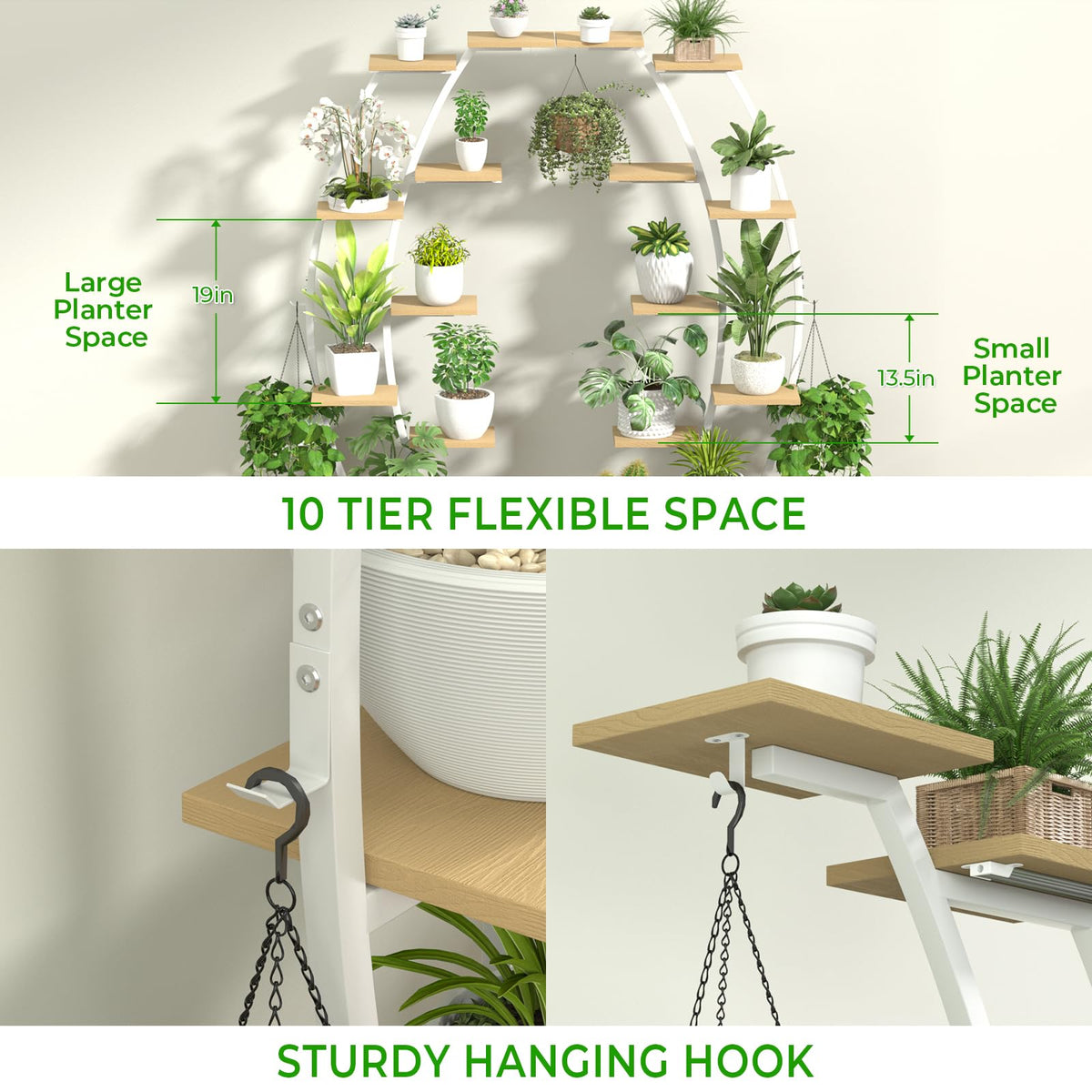 Plant Stand Indoor with 8 Grow Light,65" Tall 10 Tier White Half Moon Shelf