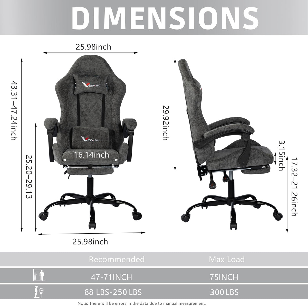 Leekaeiio Fabric Gaming Chair for Adults, Ergonomic Computer Office Desk Chair with Footrest,Pocket Spring Cushion, Reclining High Back Silla Gamer for Home Office, Grey