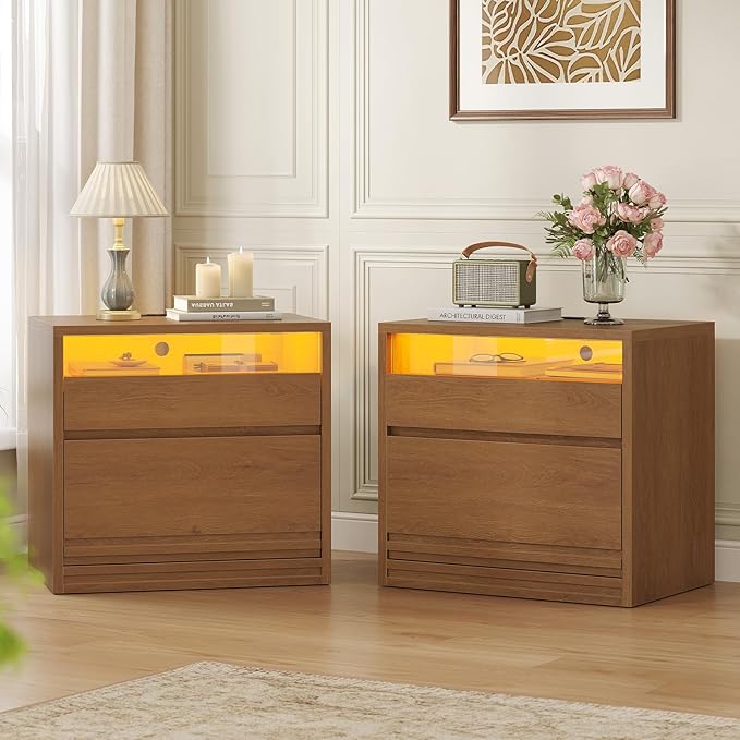 Fluted Nightstand with Charging Station & LED Lights