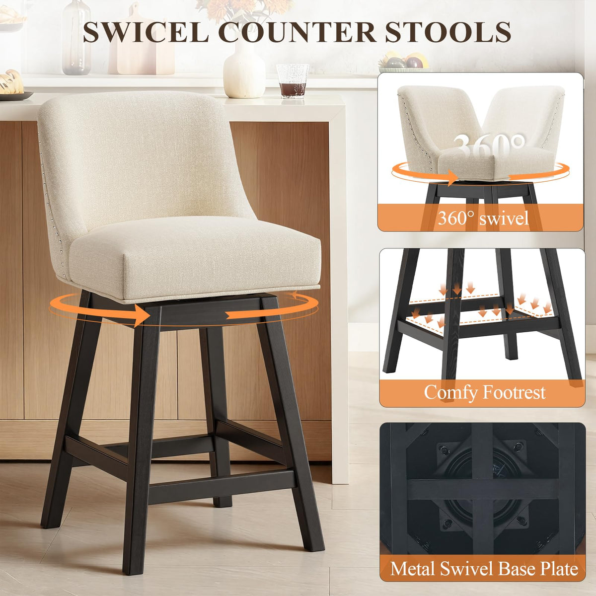 MALOL 27" Swivel Bar Stools Set of 3, Upholstered Barstools with Padded Seats and Solid Wood Legs, Counter Height Kitchen Stools for Kitchen Island, Breakfast Nook, Beige