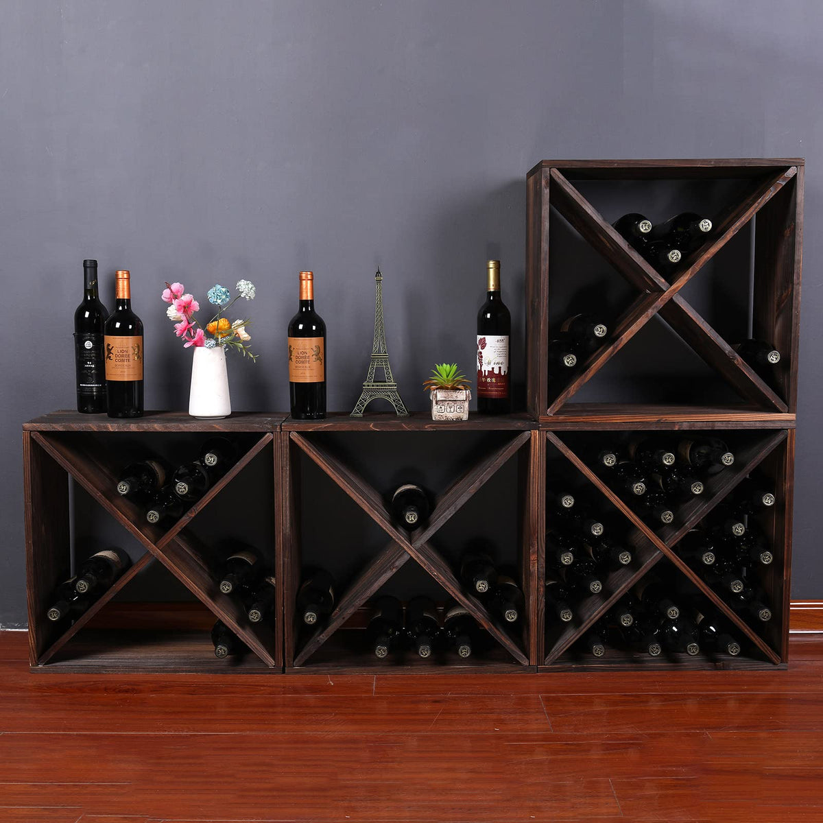 FDHUIJIA Wine Racks countertop Solid Wood Stackable Storage Rustic Retro Cube 48-Bottle Wooden Wine Rack Wine Cabinet(48BottleBlack)