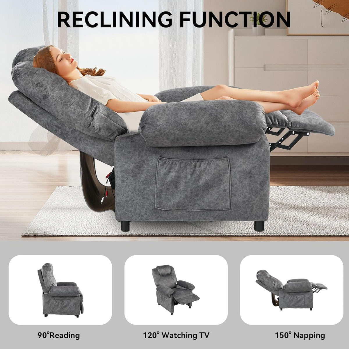 PushBack Massage Recliner Chair with Heat Small Reclining Single Sofa Grey