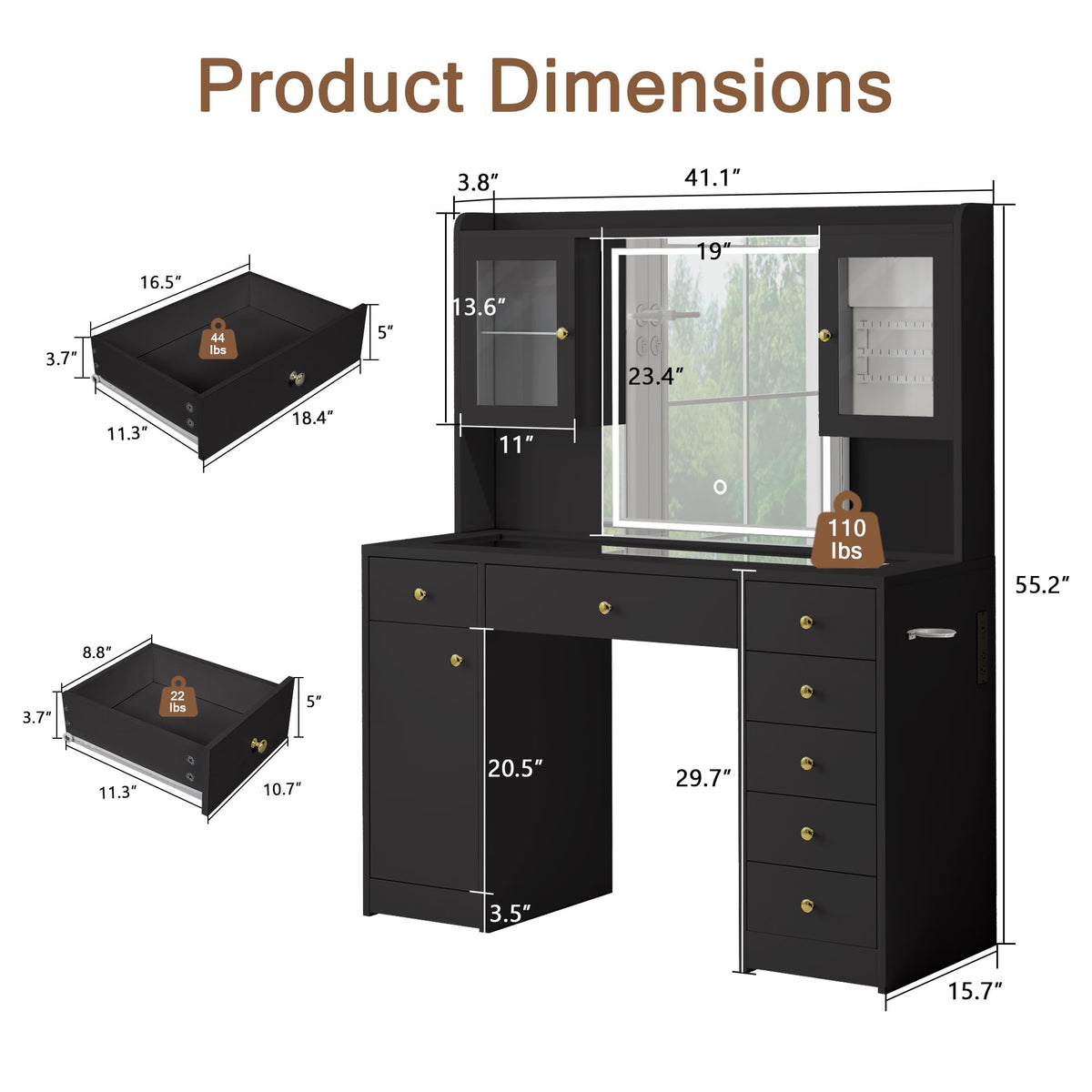 Black Glass-Top LED Makeup Vanity