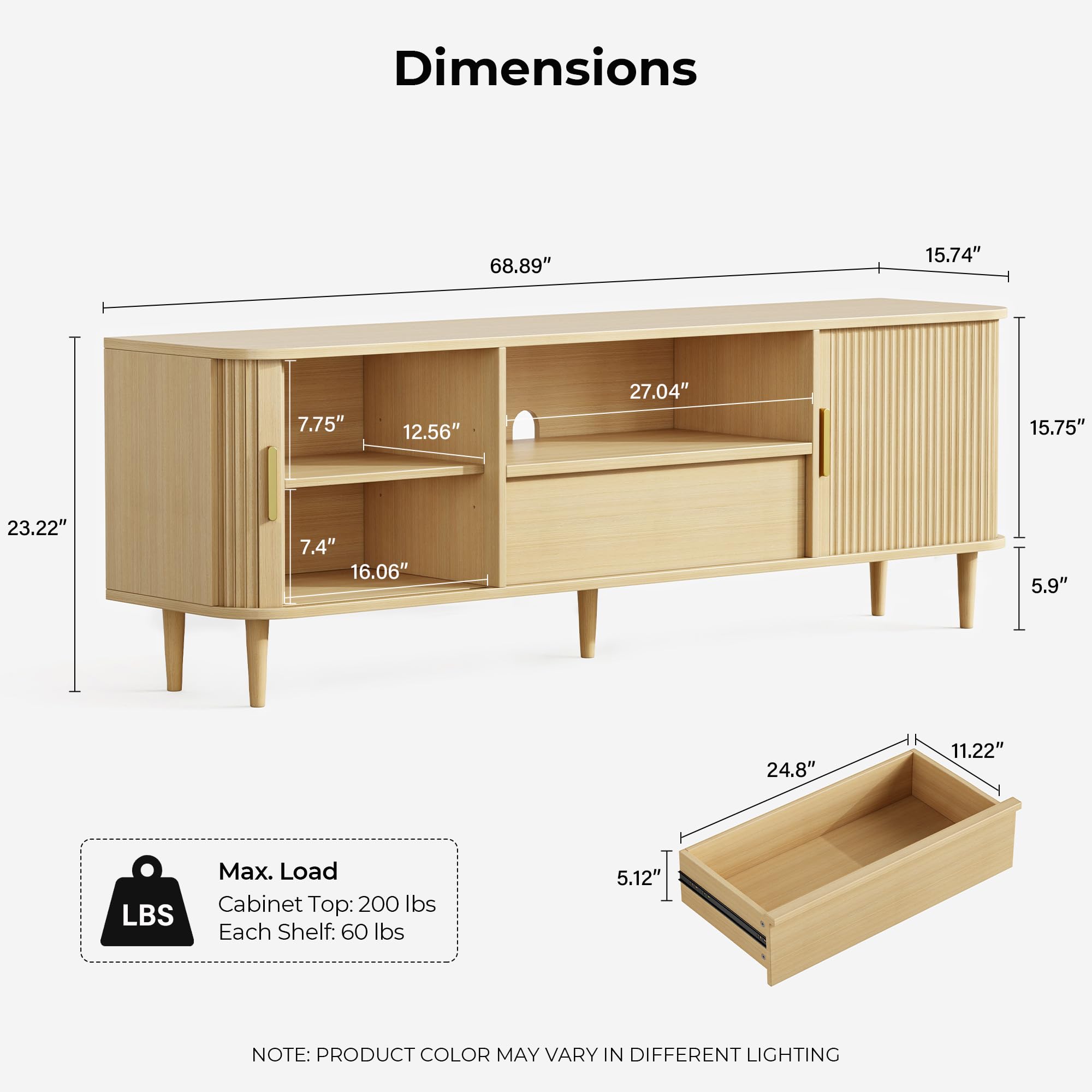 IRONCK Modern Fluted TV Stand for TVs Up to 80 inches, 69" Entertainment Center with Storage Drawer, TV Console with Sliding Doors and Adjustable Shelves, Media Console for Living Room Bedroom, Oak