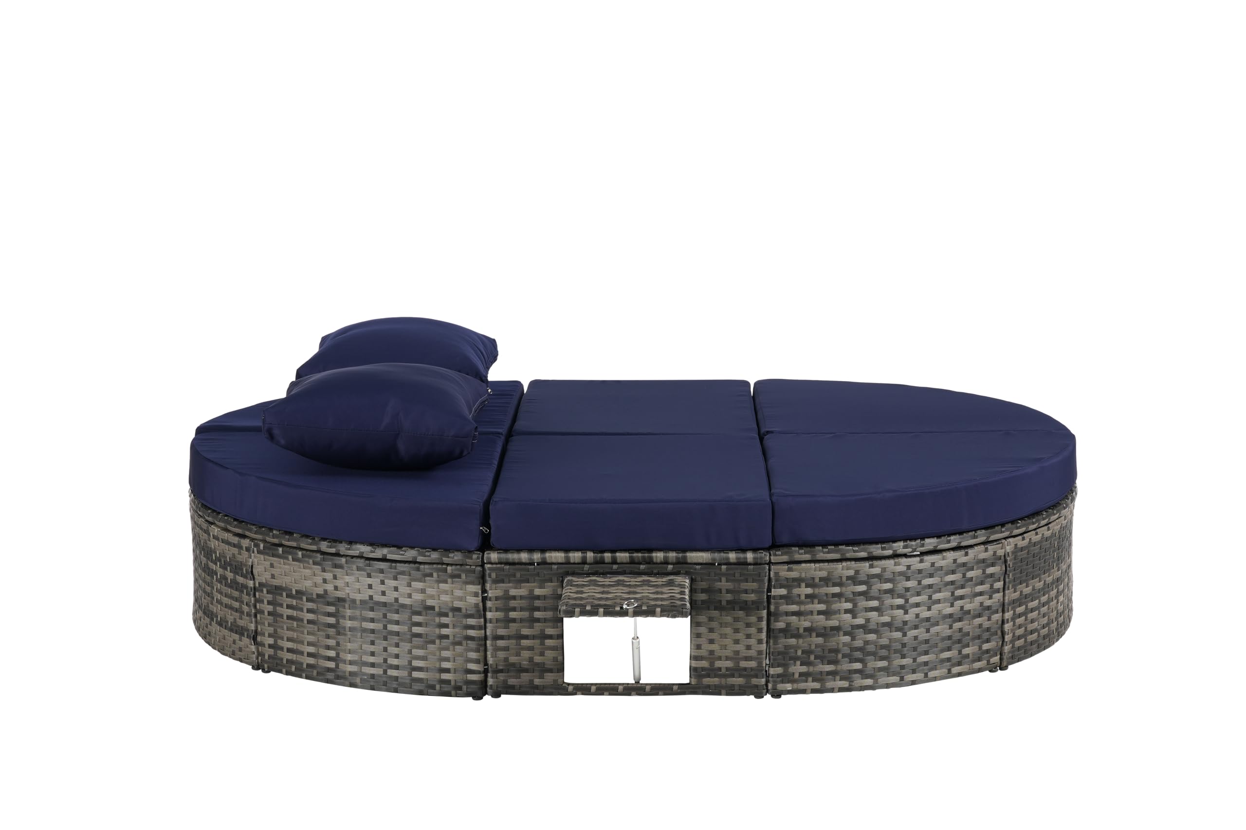 SOFTSEA Outdoor Daybed with Adjustable Backrest, Patio Oval Wicker Sun Bed with Foldable Cup Trays, Rattan Reclining Chaise Lounge with Cushion and Pillows for Lawn, Poolside, Dark Blue