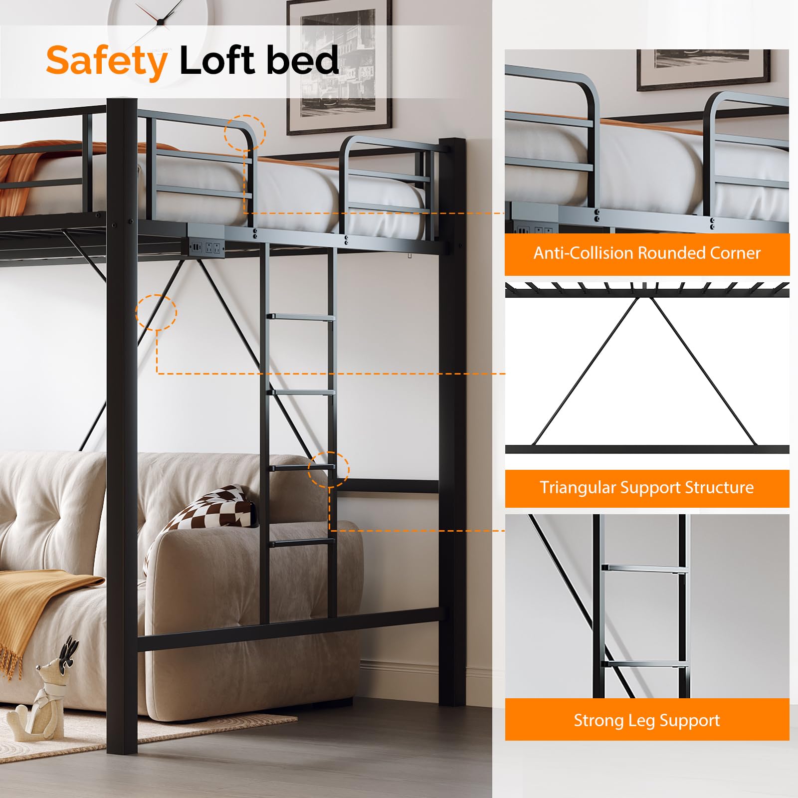 Queen Loft Bed with Charging Station & LED Lights