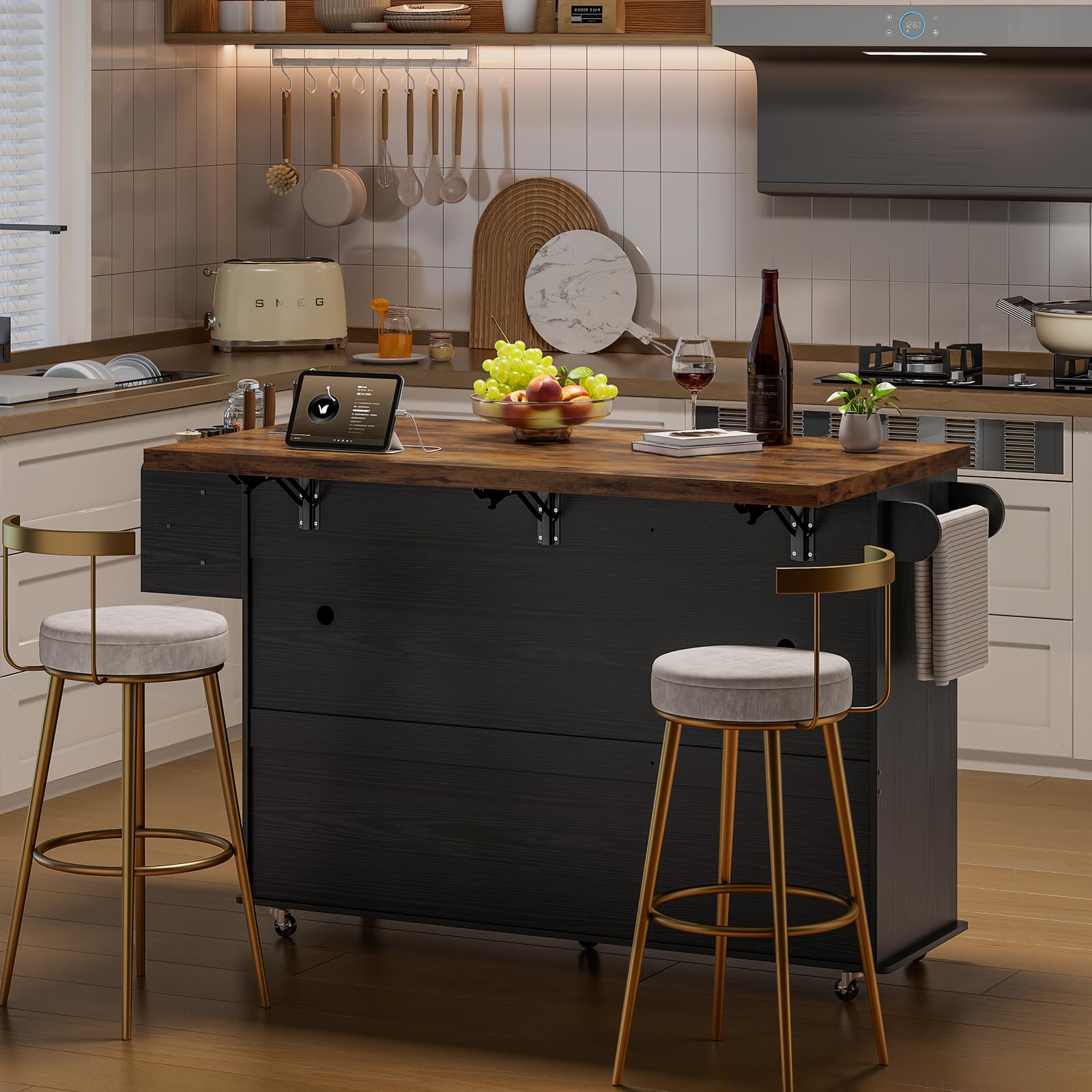 Kitchen Island Cart with Power Outlet & Drop Leaf