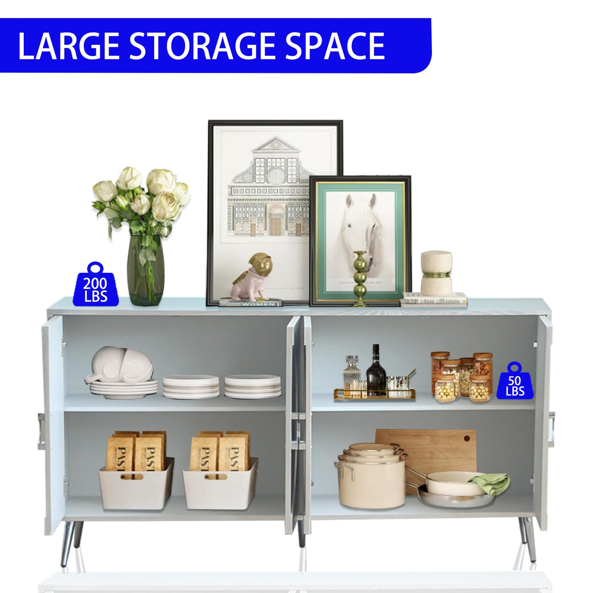 YJNKU Wooden Cabinet Sideboard Buffet Server Cabinet,4 Door Storage Cabinet, Modern Lacquered,for Living Room, Entryway, Hallway, Office, Kitchen and Dining Room,Champagne Silver