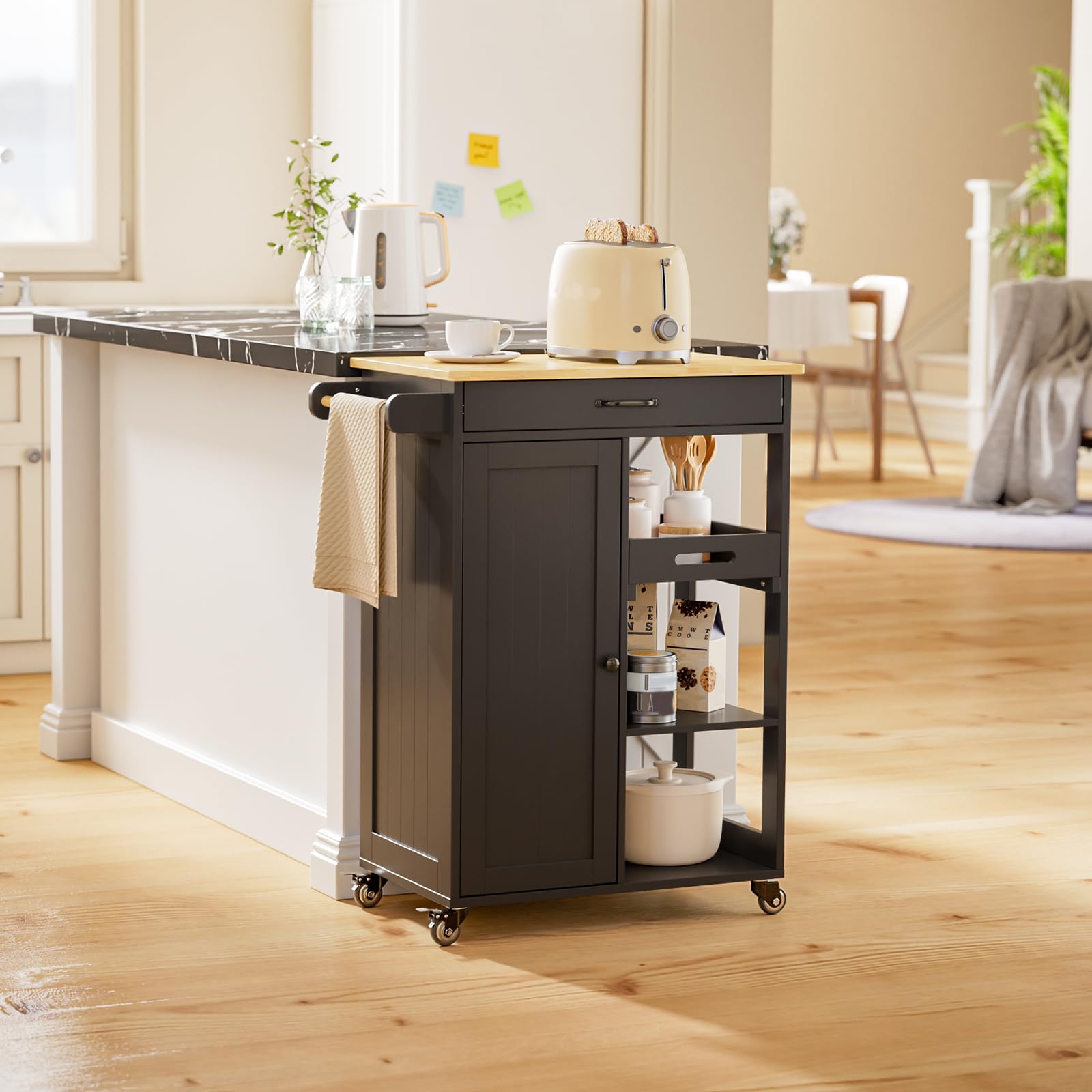 Rolling Kitchen Island Cart with Drawer, Cabinet & Storage Shelves