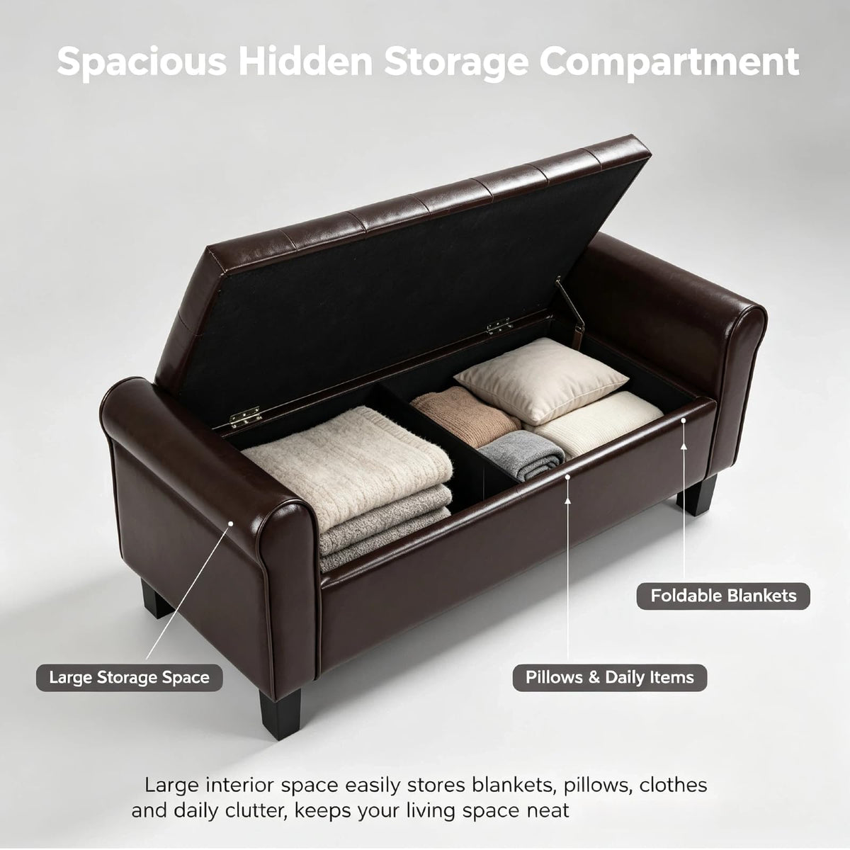 51 Inch Brown Faux Leather Storage Ottoman Bench with Rolled Armrests
