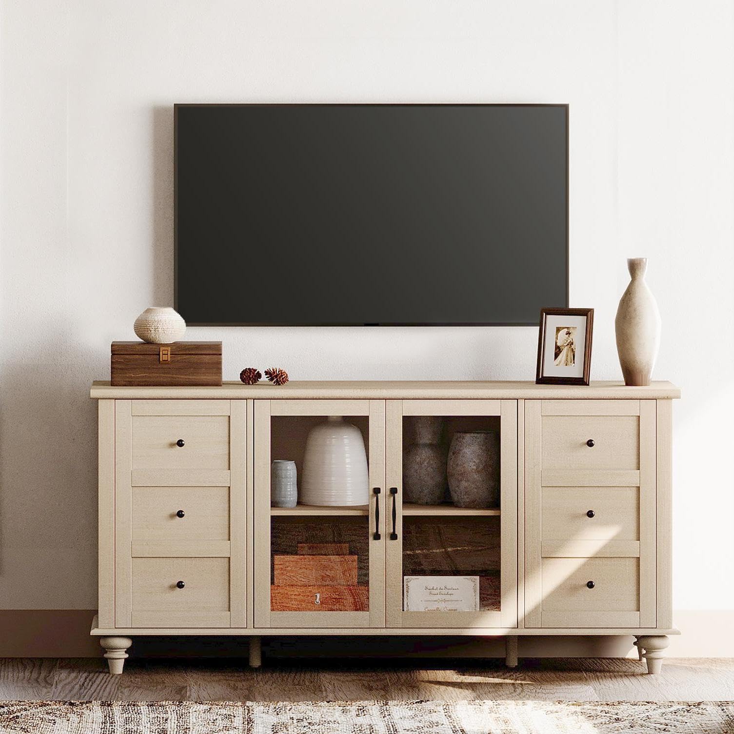WAMPAT Glass Door TV Stand for TVs up to 75 inch, Wood TV Console Table with 4 Storage Cabinets, Farmhouse Television Stands for Living Room, 58 Inch, Beige