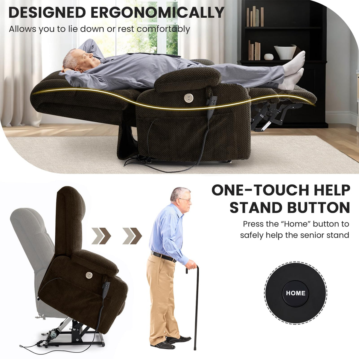 Infinite Position Power Lift Recliner Chair for Elderly & Adults, Brown