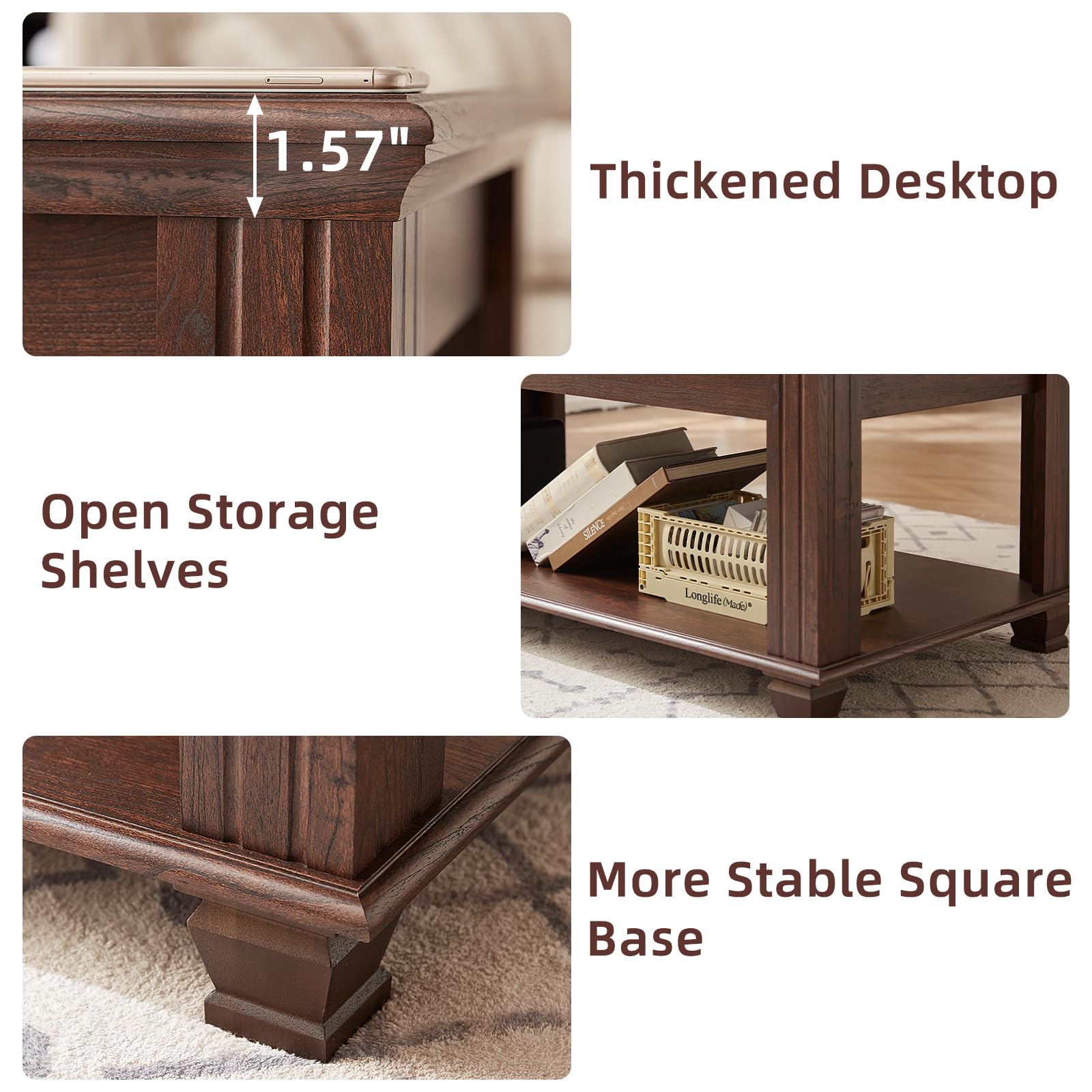 Farmhouse Coffee Table Set of 3 with Open Shelf