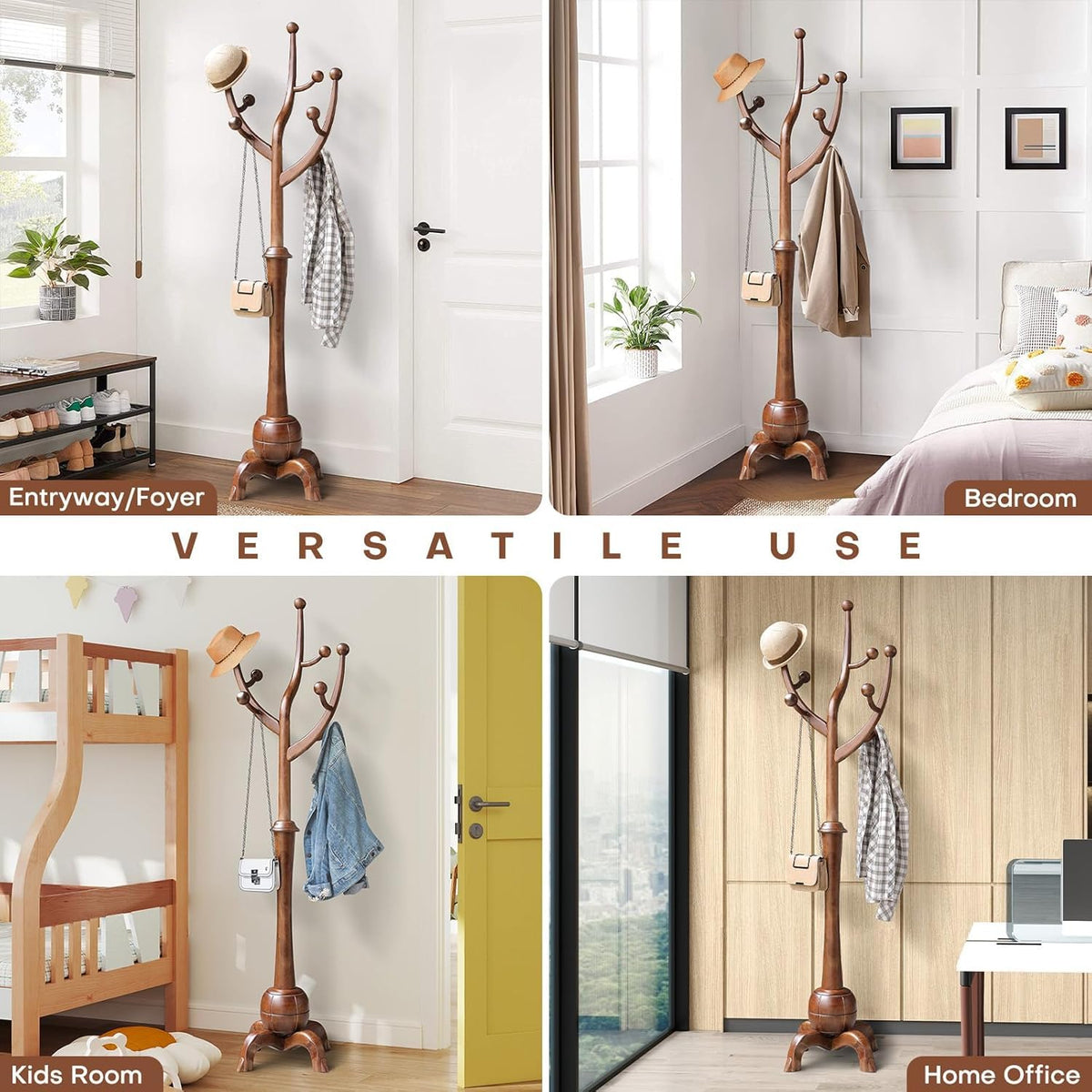 Bekrvio Coat Rack Freestanding Wood Coat Tree Rack with 8 Hooks, Walnut