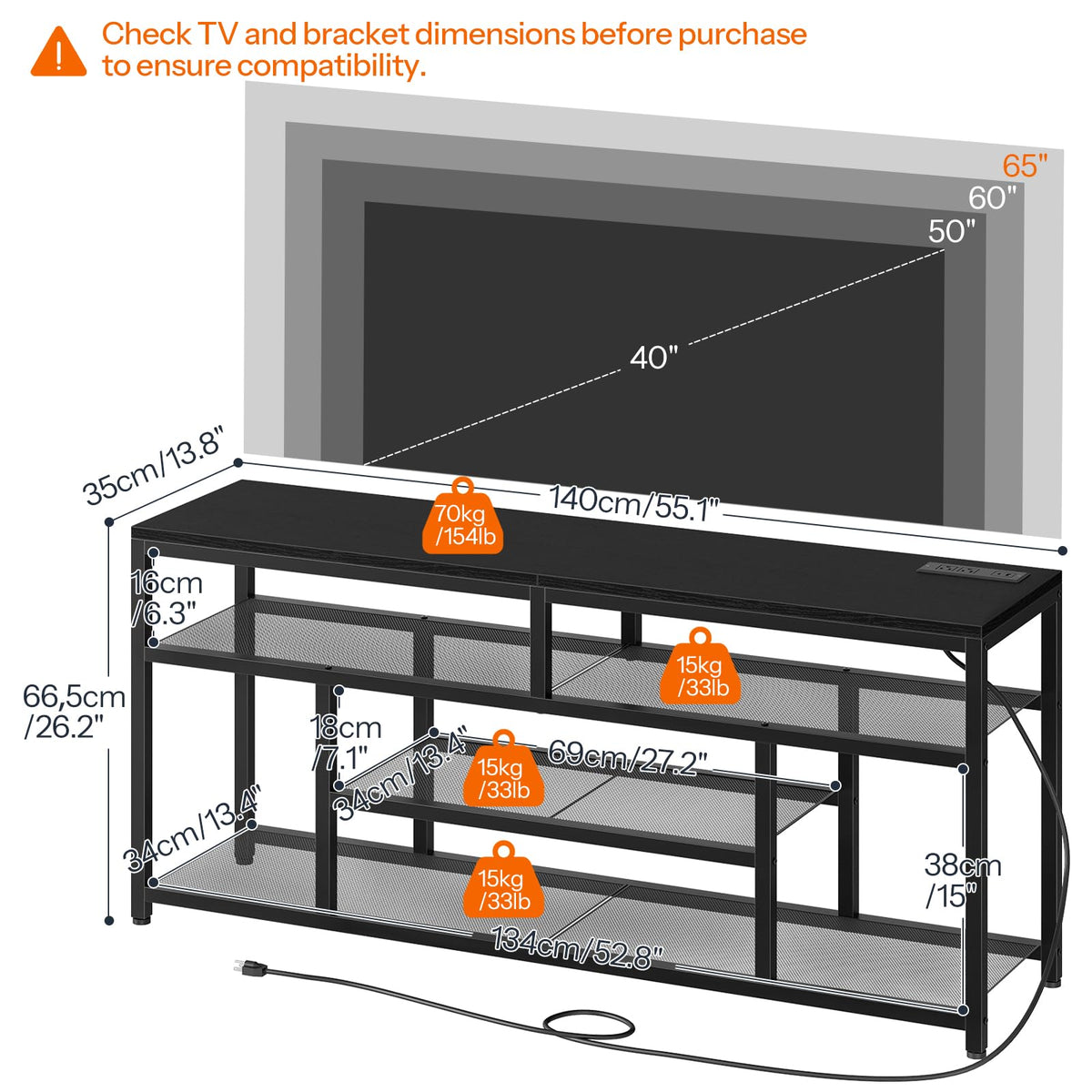 Black LED TV Stand with Charging Station