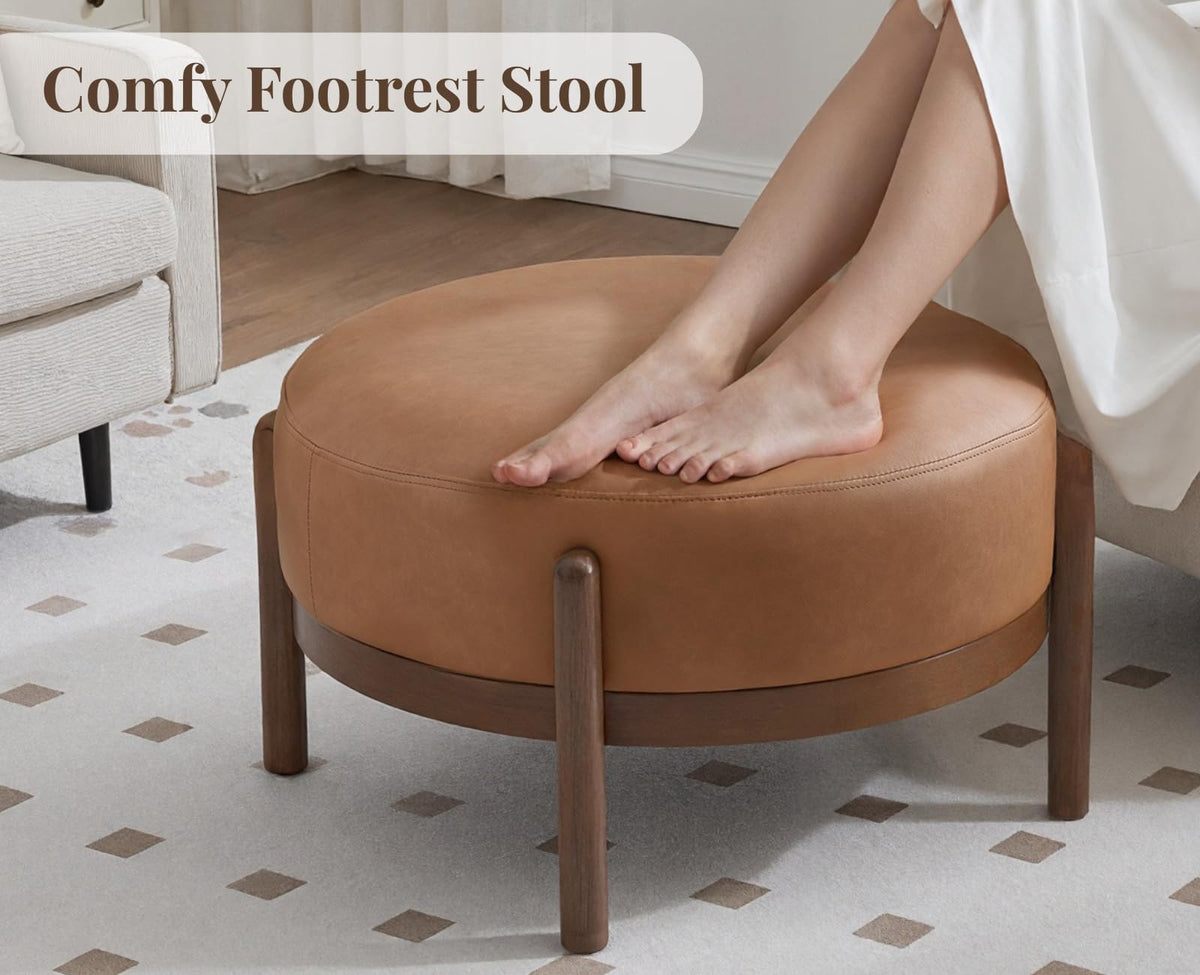Round Faux Leather Ottoman