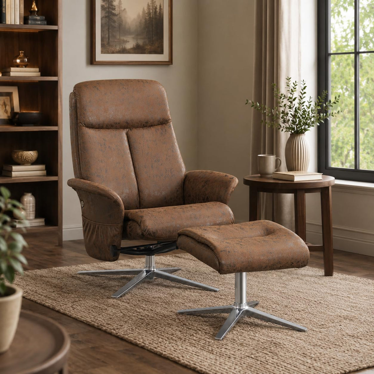 MCombo Swivel Recliner Chair with Ottoman, 360° Faux Leather Lounge Chair with Adjustable Backrest, Manual Reclining Chair with Footrest for Small Spaces, Living Room, Bedroom, Office 4603 (Brown)