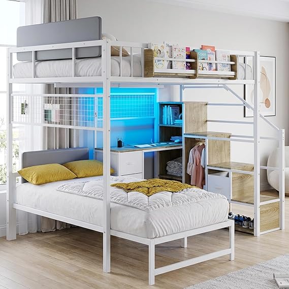 L-Shaped Loft Bunk Bed with Desk & Storage