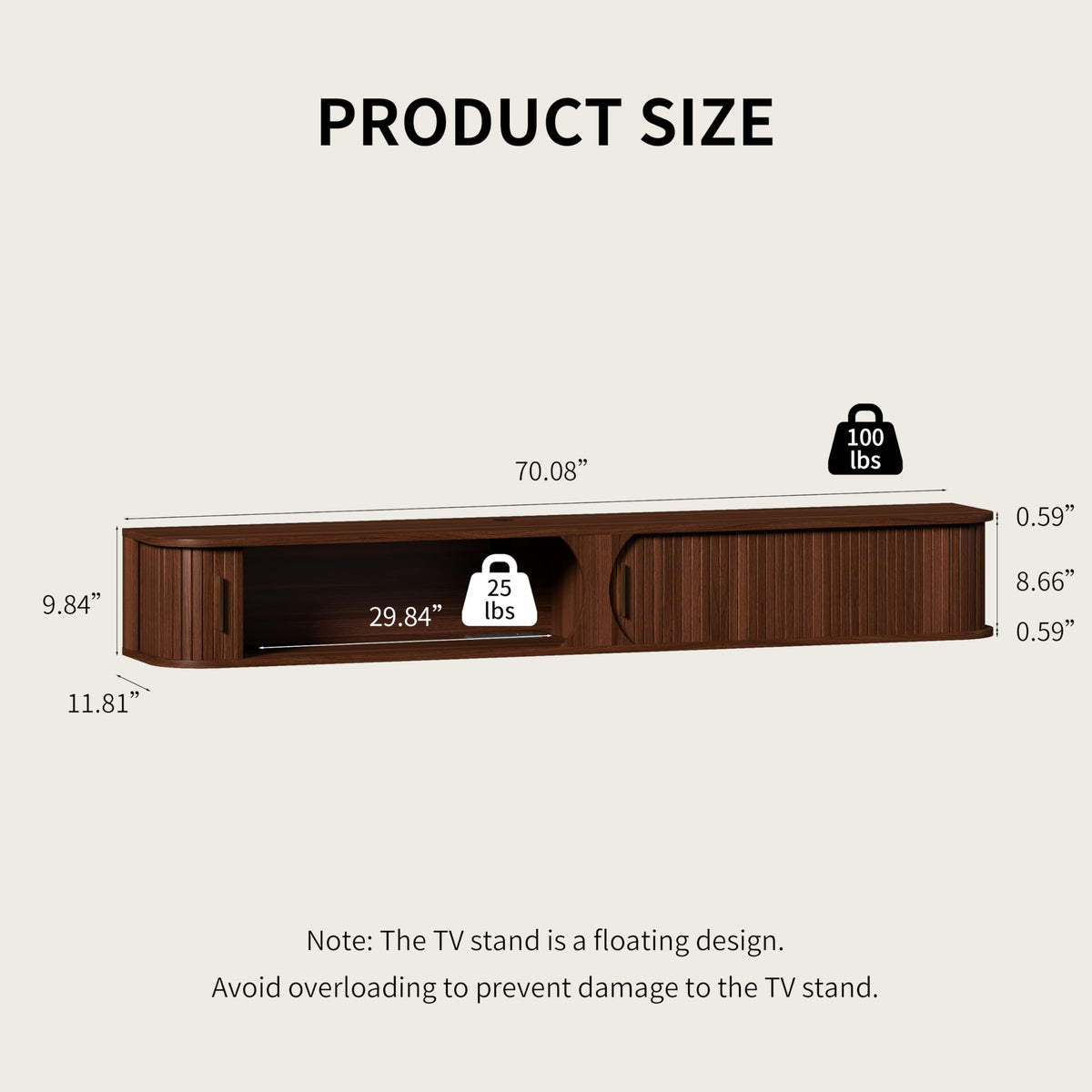 Floating TV Stand with LED Light, Wall Mounted Media Console with Sliding Doors, Floating Entertainment Center with Storage, Wall Hanging TV Cabinet for Living Room Bedroom (Walnut, 71 inch)