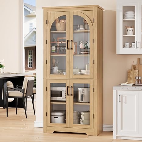 70" Arched Glass Door Kitchen Pantry Cabinet