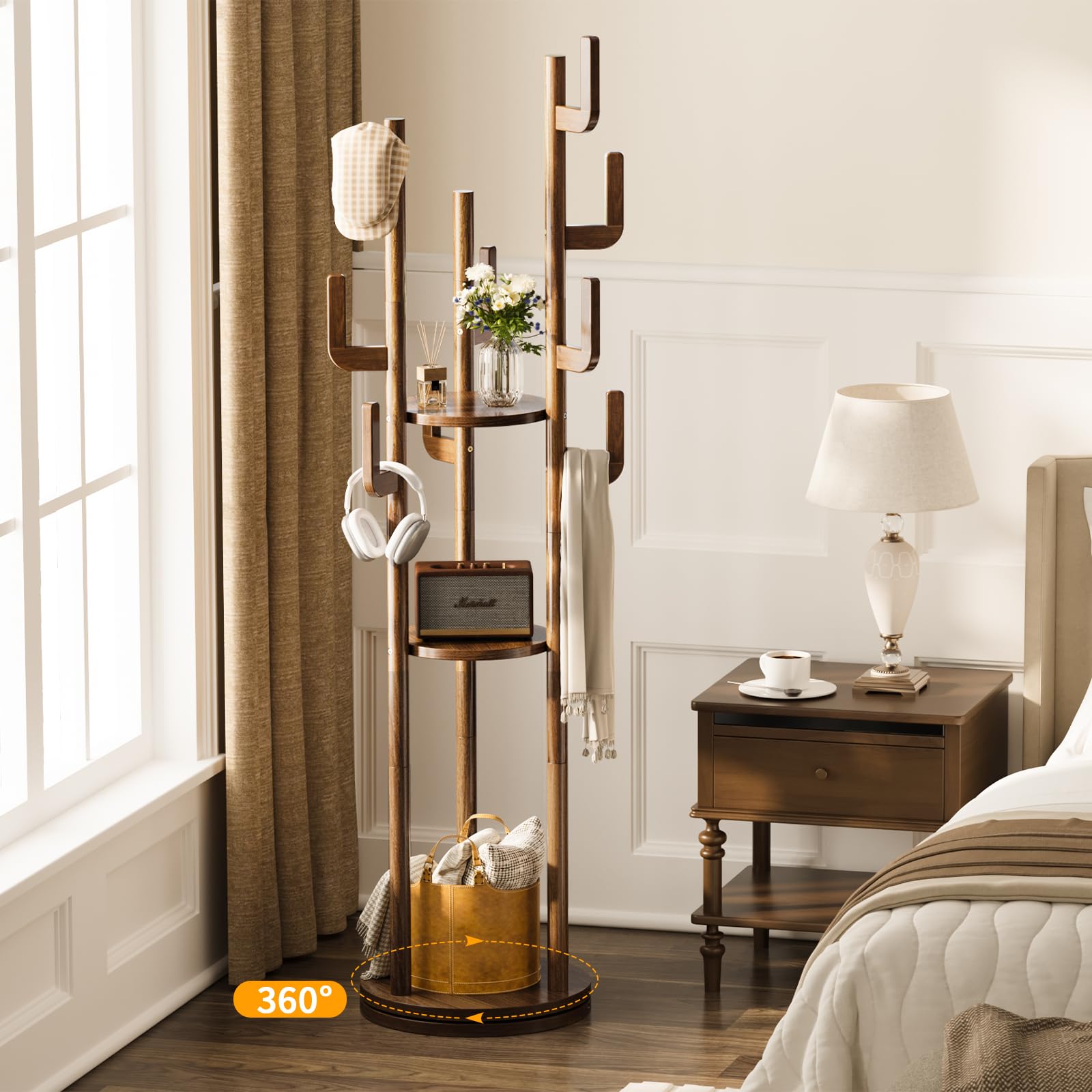 360° Rotating Freestanding Coat Rack with 9 Hooks & 3 Shelves