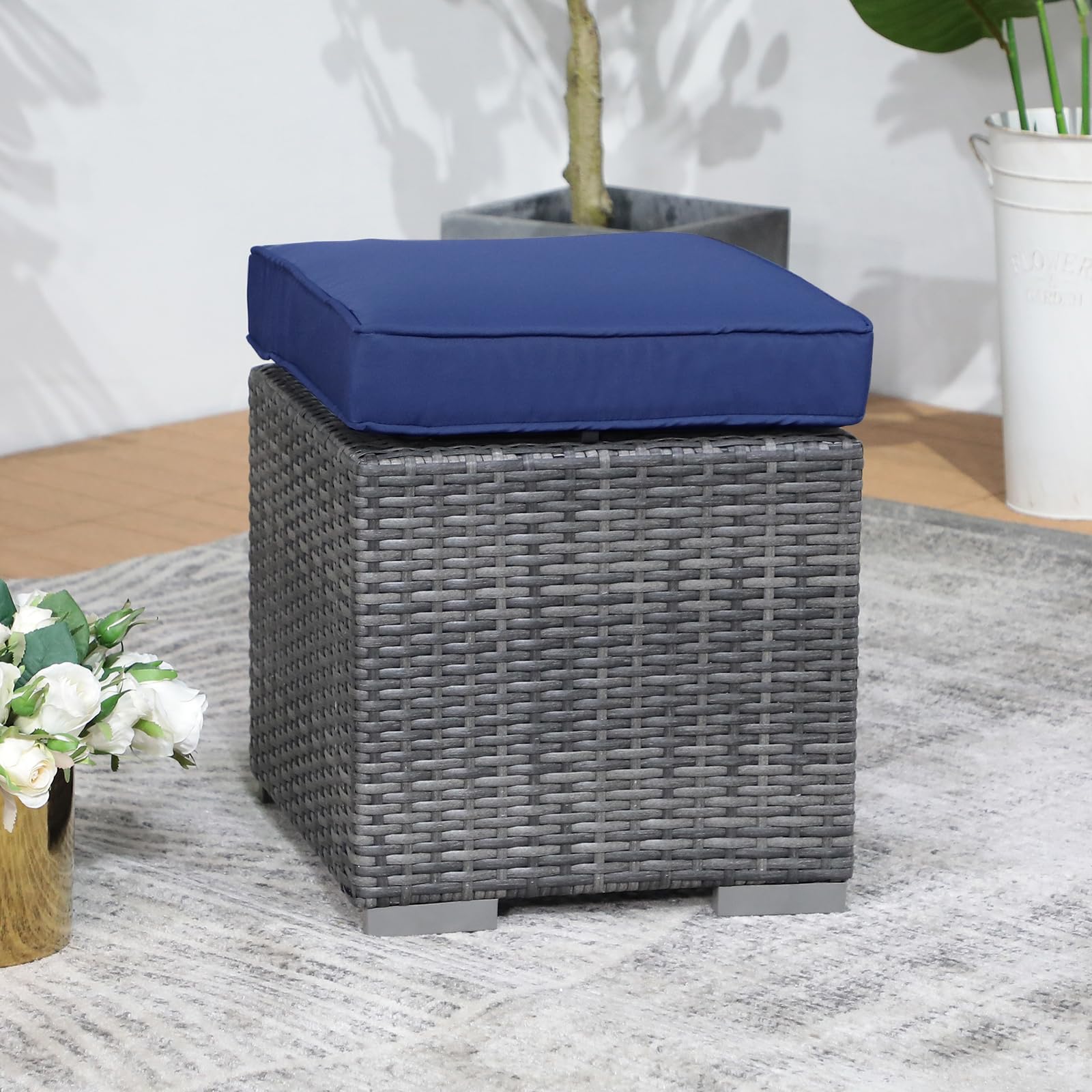 Outdoor Wicker Ottoman Set of 2 with Cushions