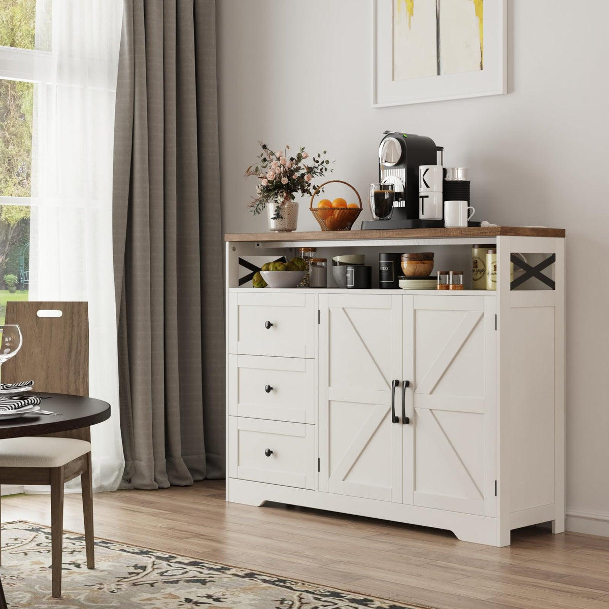 Befrases Farmhouse Buffet Cabinet with Drawers & Open Shelf