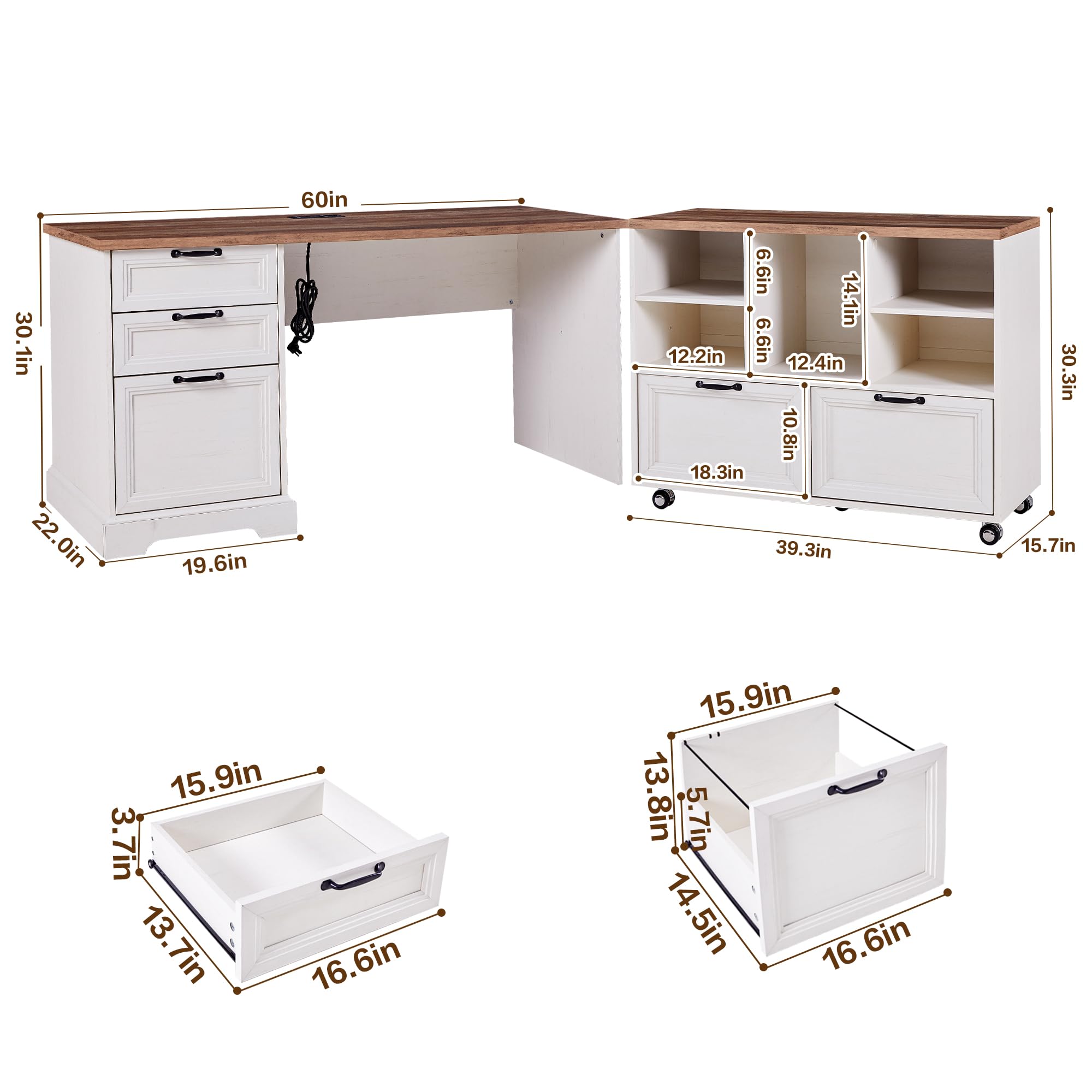 60"L-Shaped Executive Desk with 40"Adjustable File Cabinet,Farmhouse Home Office Desk with Charging Station,Office Desk with Storage Drawers,Wood Computer Desk Set for Office Work,Home Study