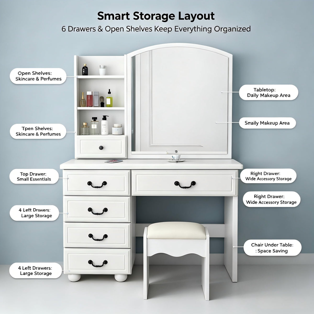PVWIIK Vanity Desk with LED Lighted Mirror, 3 Dimmable Light Modes, Makeup Vanity Set with Chair, 6 Drawers & Open Storage Shelves, White Dressing Table for Bedroom